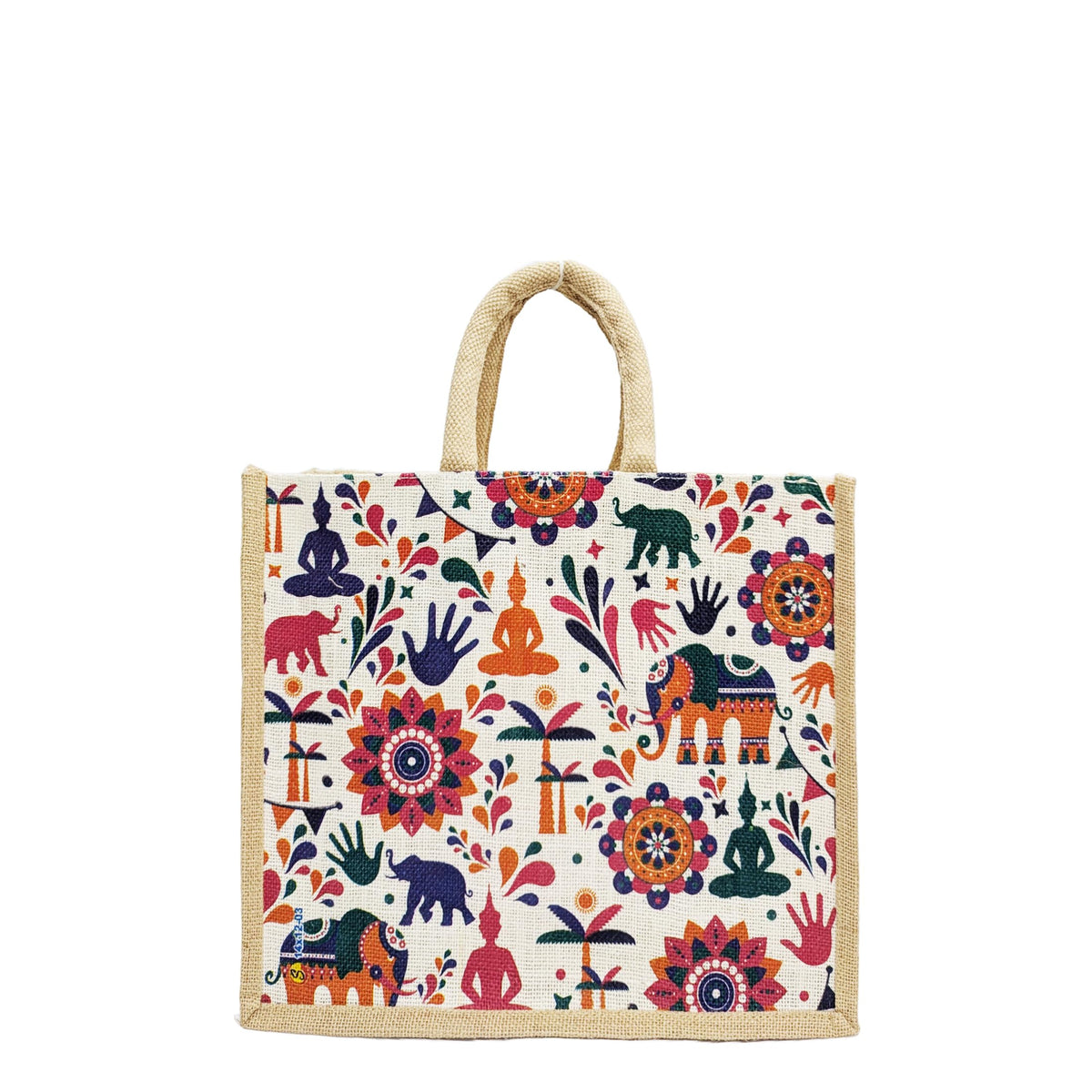 Sangra Multicolor Jute Bag For Women And Men Lunch Bag With Zip And Handle (Elephant Buddha)