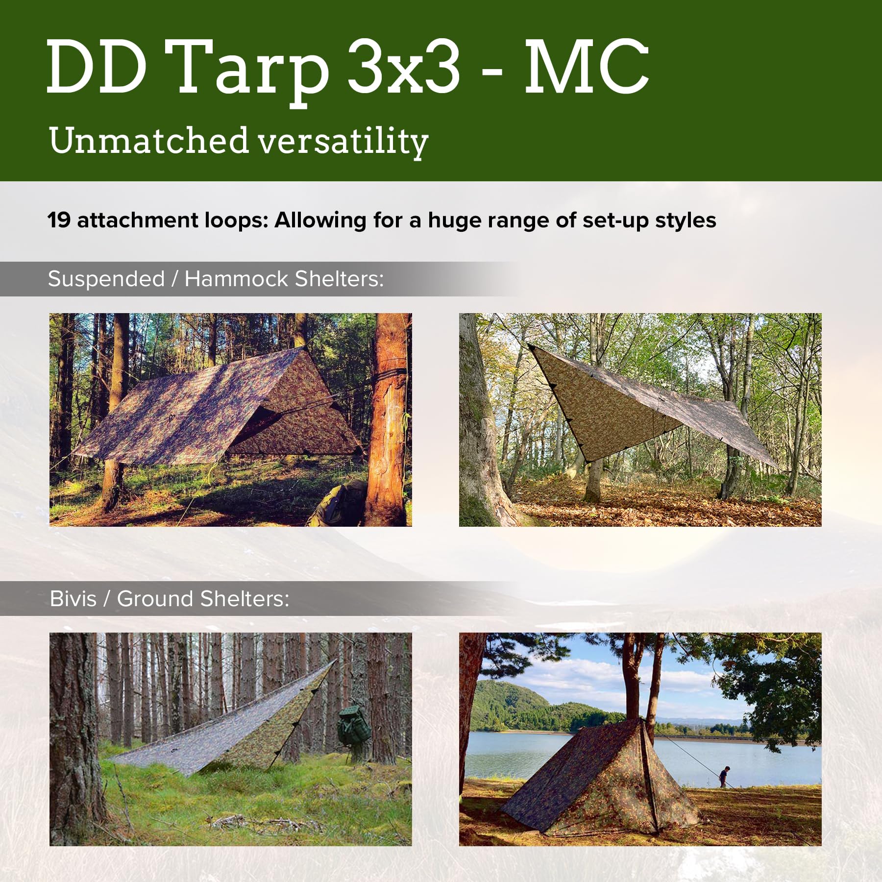 Dd Hammocks - Dd Tarp 3X3 - Mc (10Ft X 10Ft) - 100% Waterproof - Lightweight & Multifunctional Camo Rainfly Tarp Tent Shelter Fo