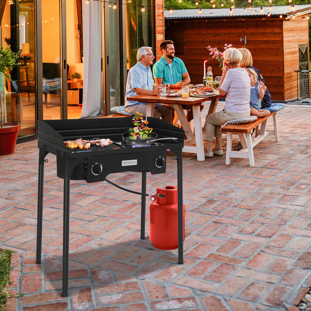 Rovsun 2 Burner Outdoor Propane Gas Stove With Windpanel, Carrying Bag & Regulator, 150,000 Btu Stand Cooker For Backyard Cookin