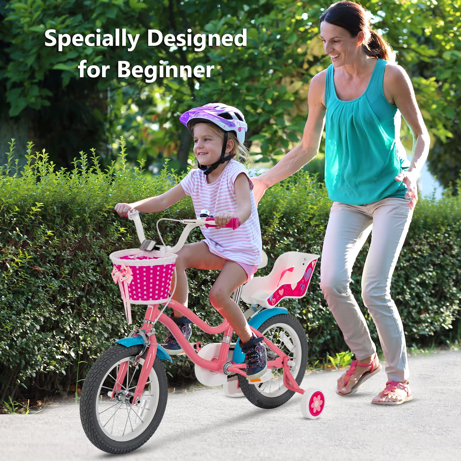 Gymax Kids Bike, 14 18 Inch Kids Bicycle With Training Wheels,Front Handbrake, Basket, Ring Bell & Doll Chair, Toddler Bike For