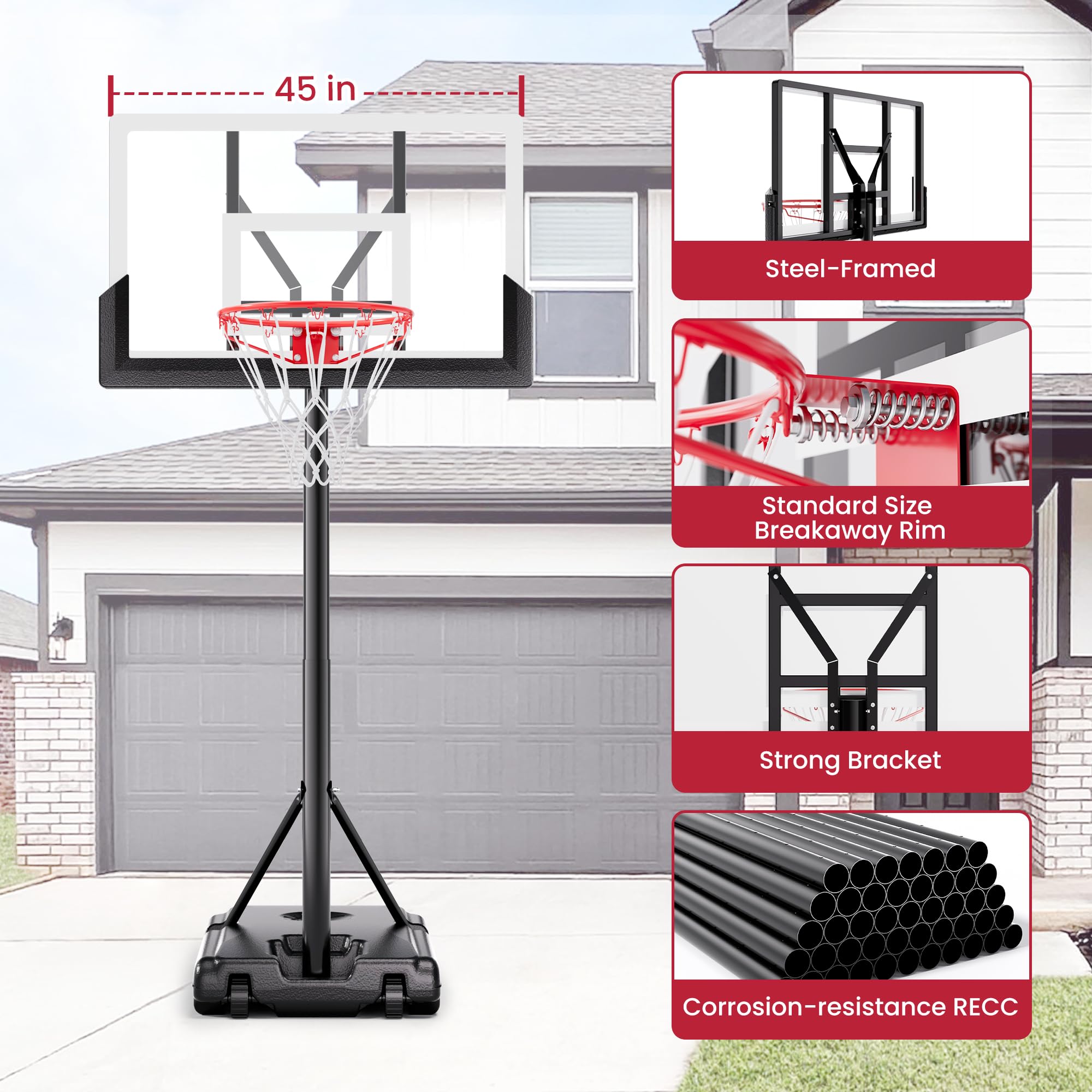 Feelwin Basketball Hoop With Adjustable Height Portable Basketball Goal System For Outdoor Indoor Use 45 Inches Heavy-Duty Steel