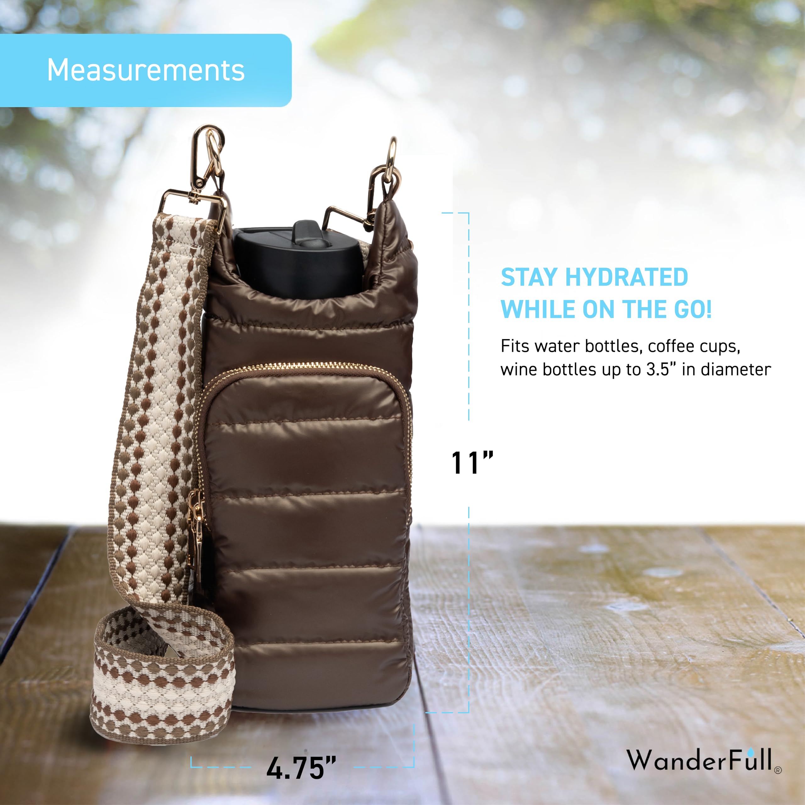 Wanderfull Original Hydrobag | Quilted Water Bottle Holder With Strap | Tote Bottle Carrier Crossbody Bag With Pockets | Carry 3
