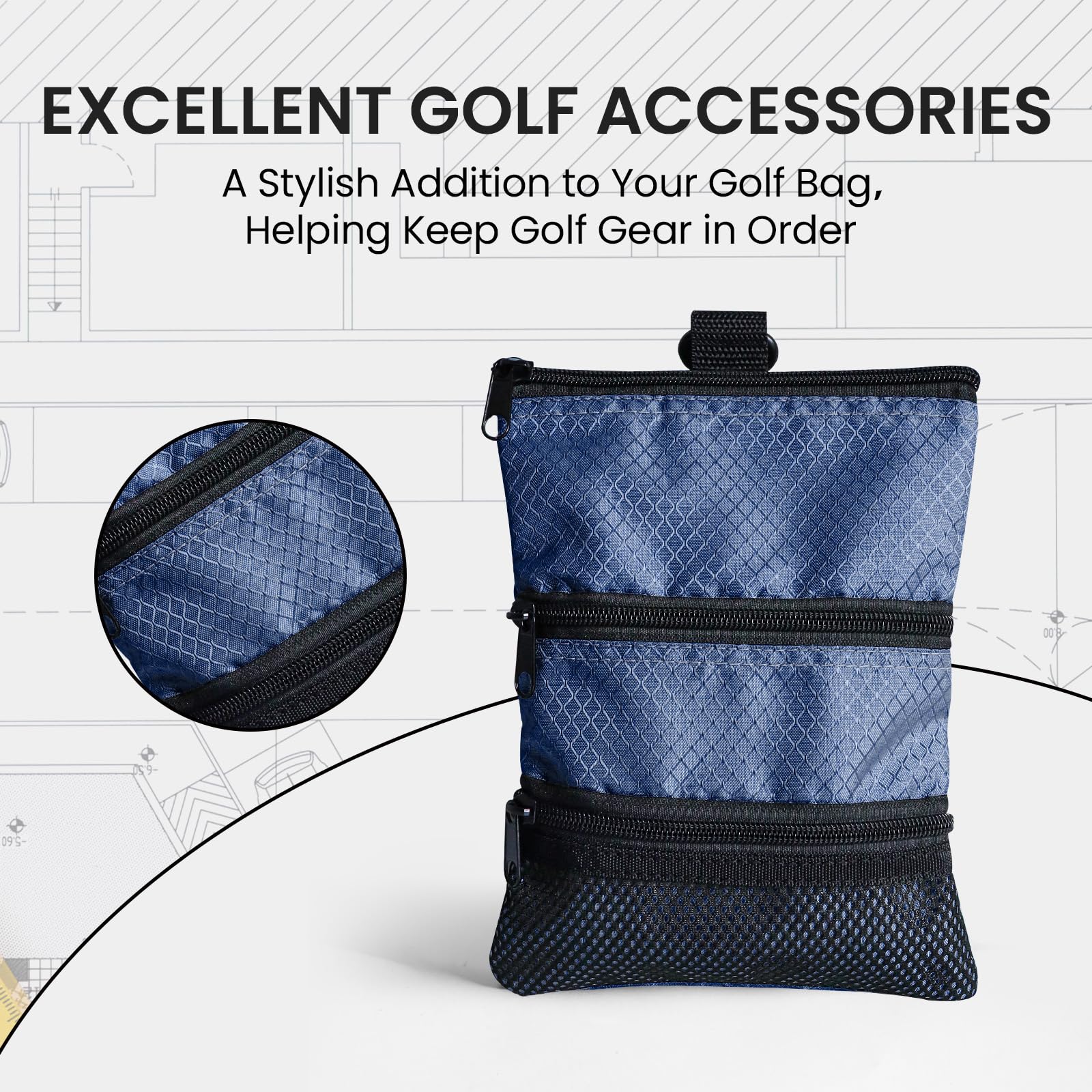 Finger Ten Golf Pouch Bag For Valuables Tee Color With 4 Golf Pencil Pack, Zippered Pocket Gear Clip Hook To Bag (Blue Pouch Bag
