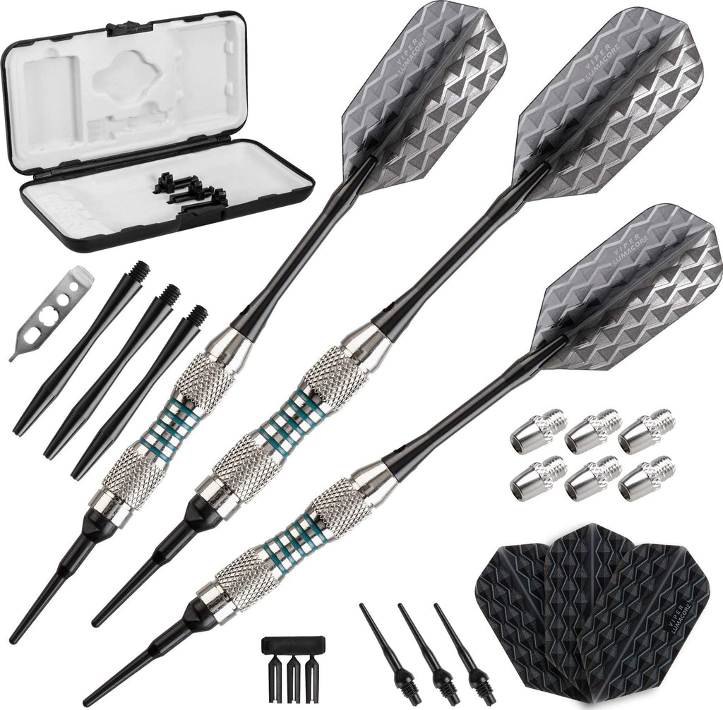 Viper Bobcat Adjustable Weight Soft Tip Darts With Storage/Travel Case: Nickel Silver Plated, Light Blue Rings, 16-18 Grams