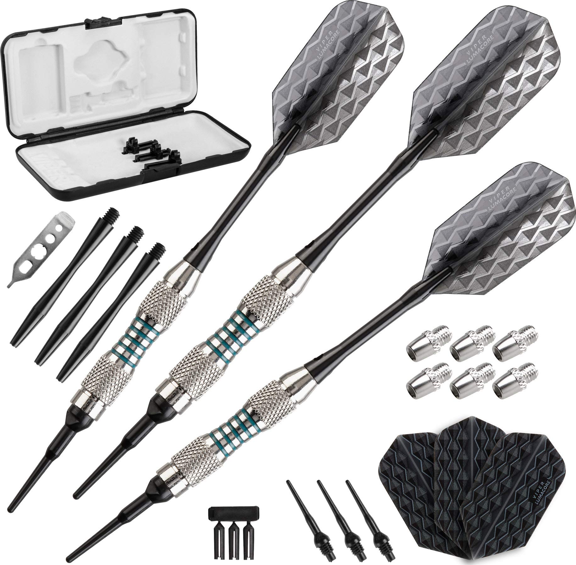 Viper Bobcat Adjustable Weight Soft Tip Darts With Storage/Travel Case: Nickel Silver Plated, Light Blue Rings, 16-18 Grams