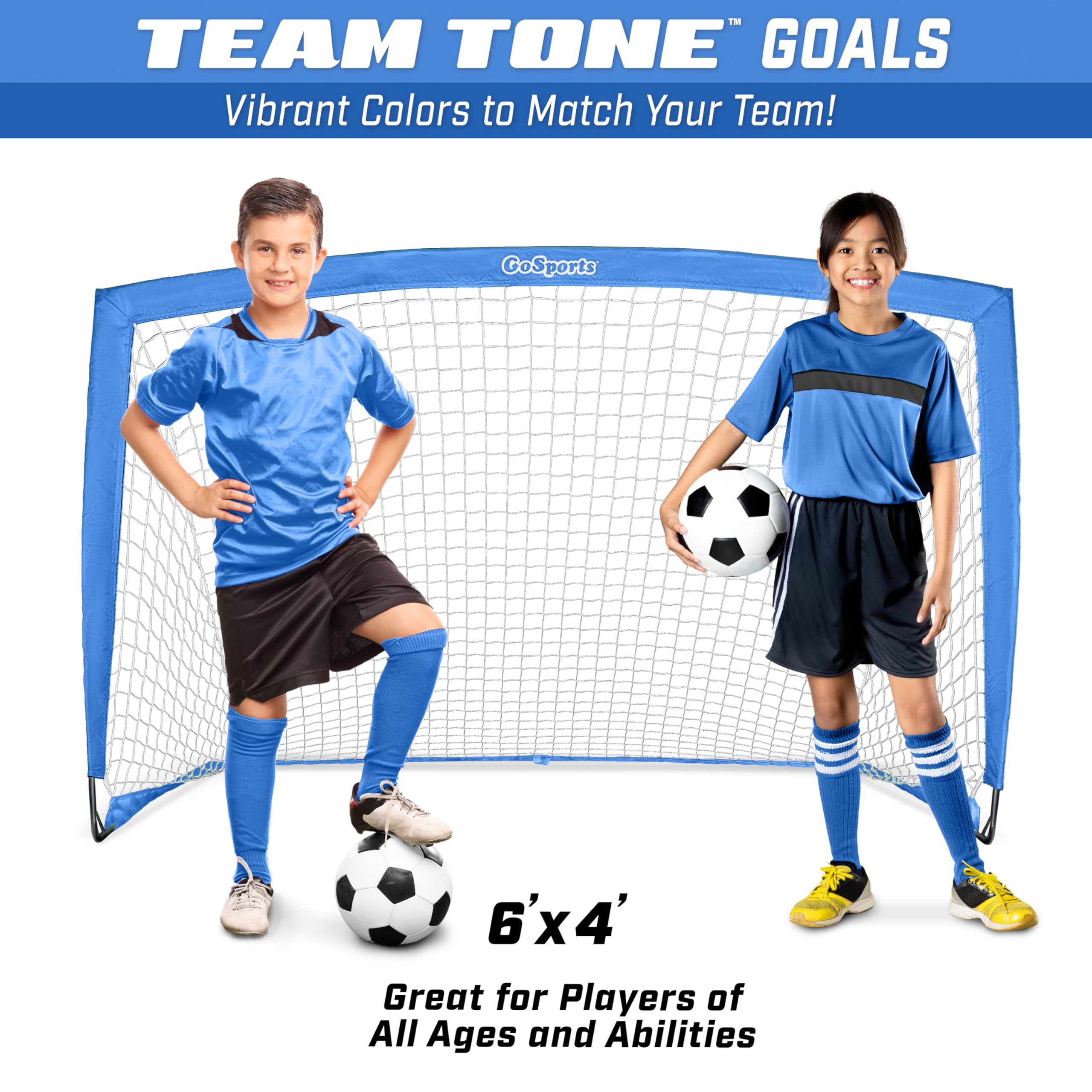 GoSports Team Tone 6 ft x 4 ft Portable Soccer Goal for Kids - Pop Up Net for Backyard - Royal Blue