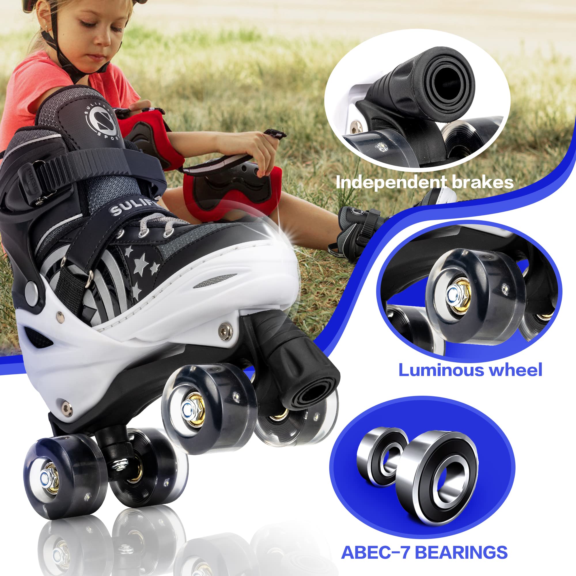 Sulifeel Rainbow Unicorn 4 Size Adjustable Light Up Roller Skates For Girls Boys For Kids (E Black, Large - Youth)