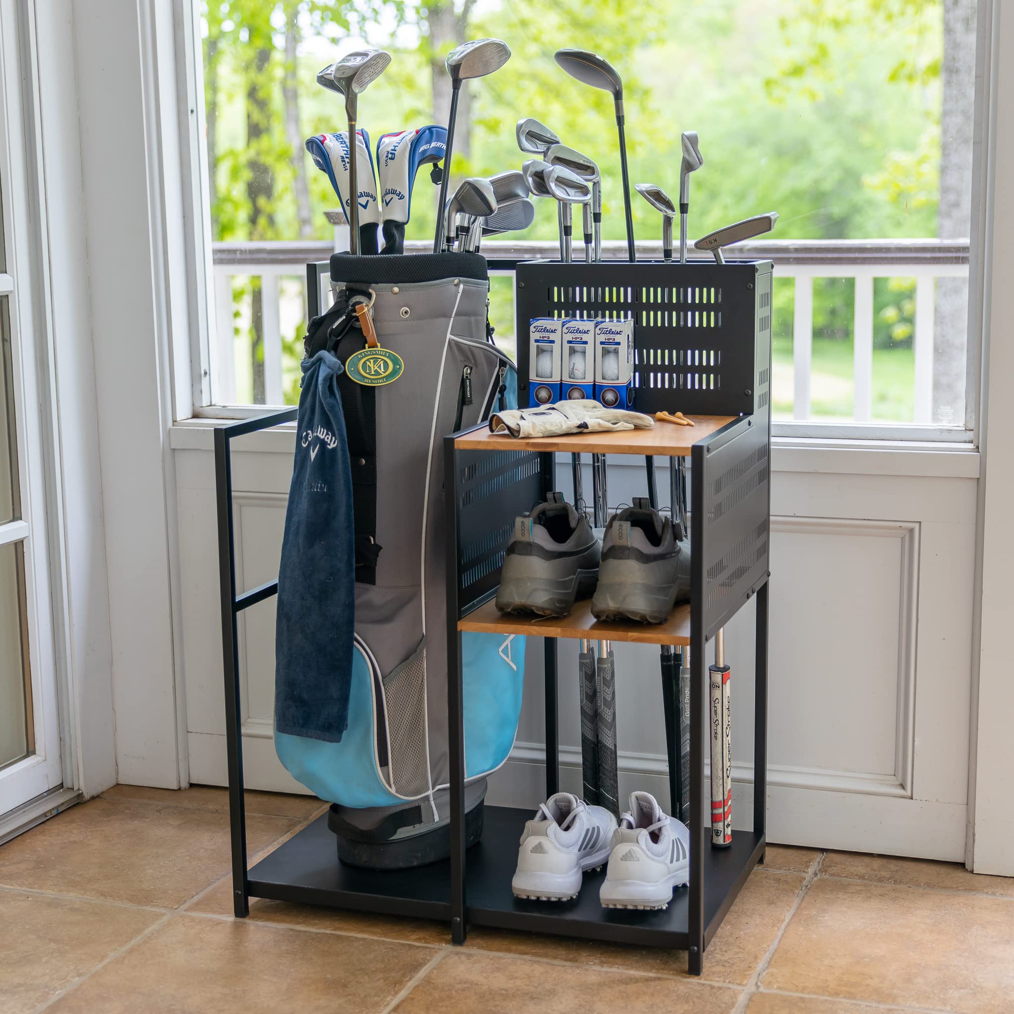 Teal Triangle Freestanding Golf Club Organizer, Stylish Heavy Duty Garage Storage Floor Stand, Holds 1 Golf Bag Shoes Clubs Ball