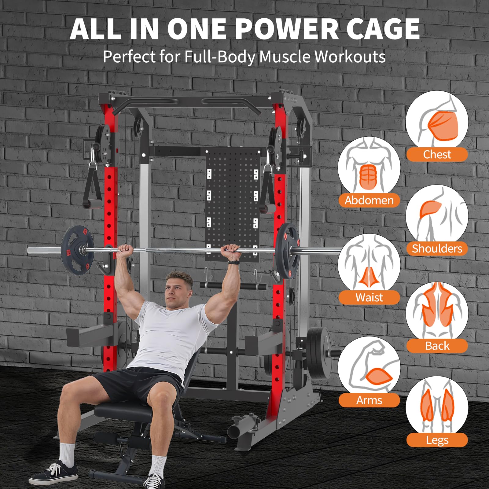 GarveeLife Power Cage, 2000 LB Power Rack with Dual Pulley Cable Crossover, Multi-Function Home Gym Squat Rack with Attachments,