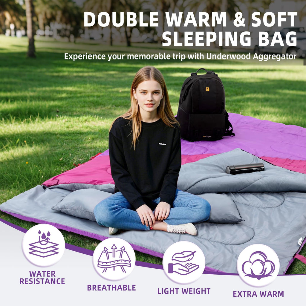 Double Sleeping Bag For Adults Kids - Lightweight 2 Person Sleeping Bag With Pillow, Queen Size Waterproof Camping Sack Two Pers