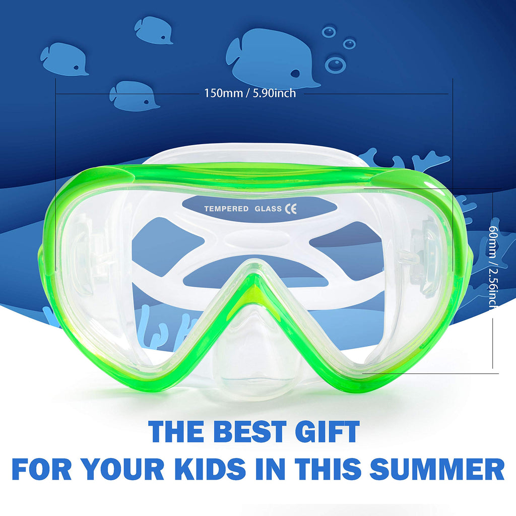 Kids Snorkel Swim Mask, Child Diving Mask Anti-Fog Swim Goggles With Nose Cover For Snorkeling Diving Swimming (Green)