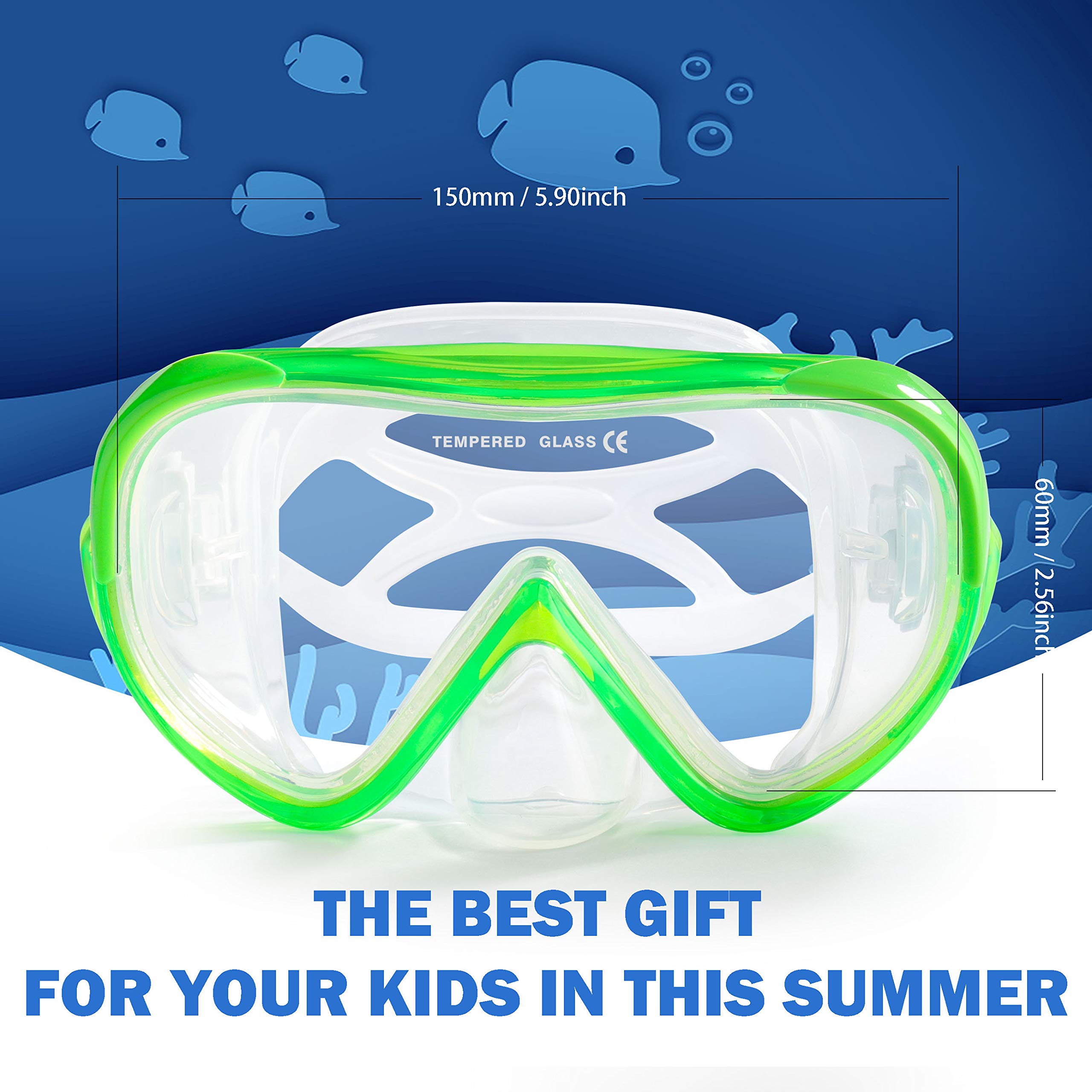 Kids Snorkel Swim Mask, Child Diving Mask Anti-Fog Swim Goggles With Nose Cover For Snorkeling Diving Swimming (Green)