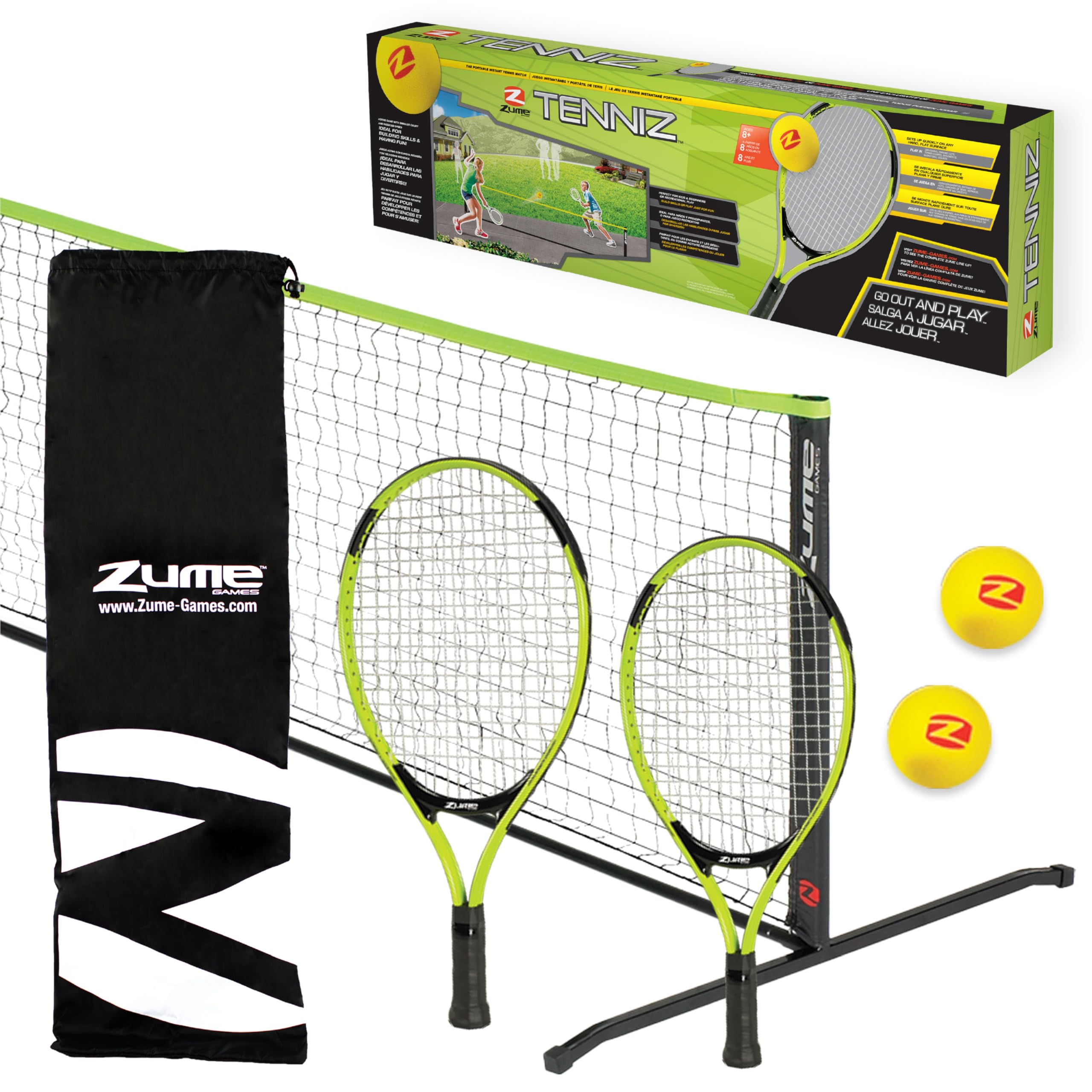 Zume Games Portable, Instant Tennis Set Includes Two Rackets, Two Balls, Net, And Carrying Case