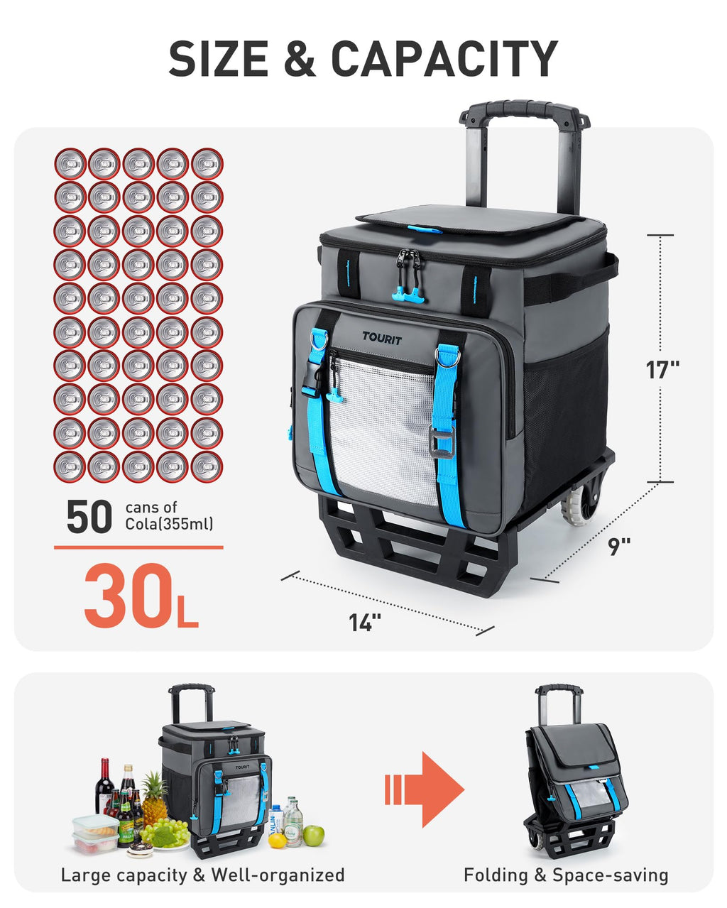 Tourit 30L/50-Can Cooler With Wheels - 16Hrs Ice Retention Rolling Cooler With Retractable Handle & Oversized All-Terrain Tires,
