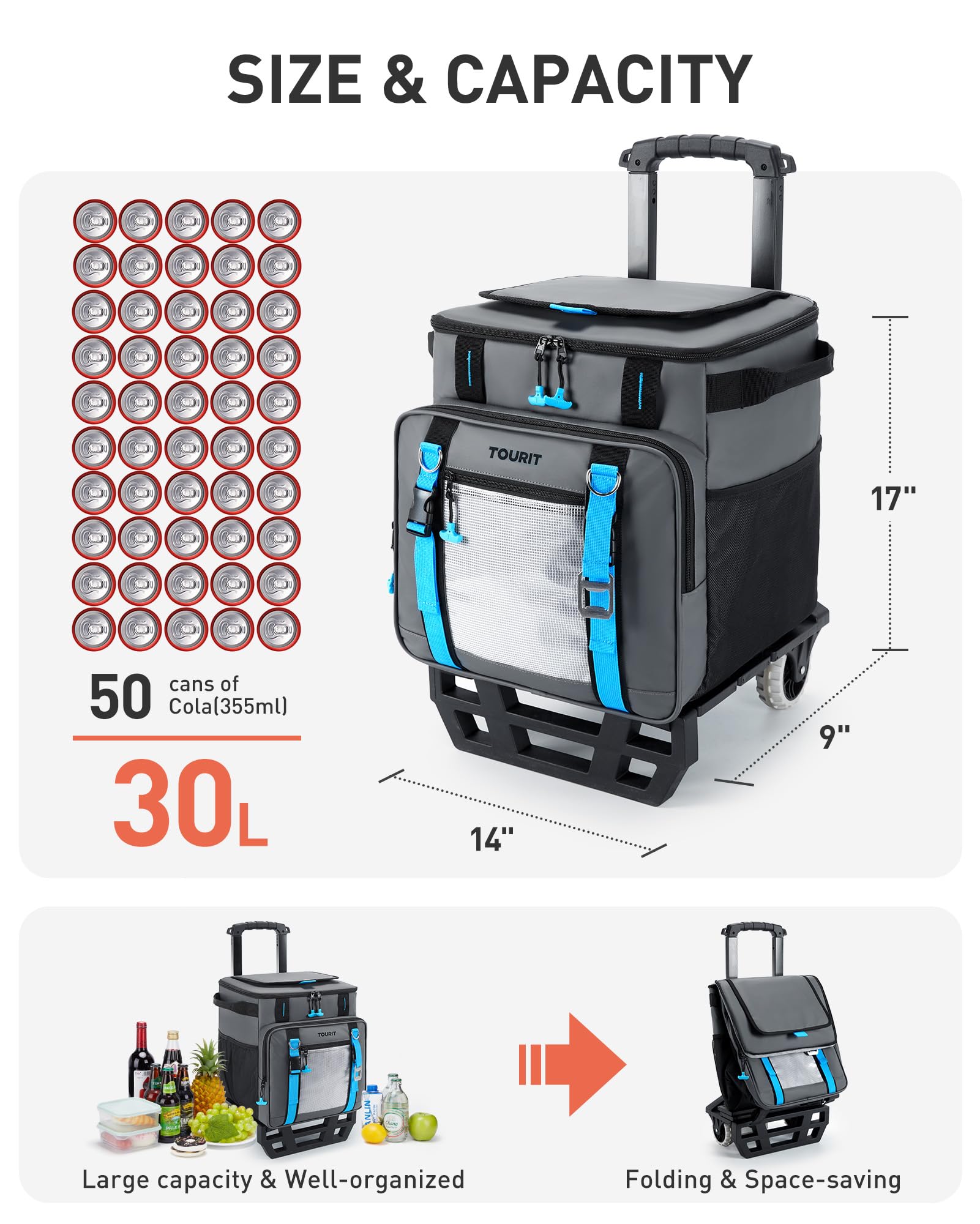 Tourit 30L/50-Can Cooler With Wheels - 16Hrs Ice Retention Rolling Cooler With Retractable Handle & Oversized All-Terrain Tires,