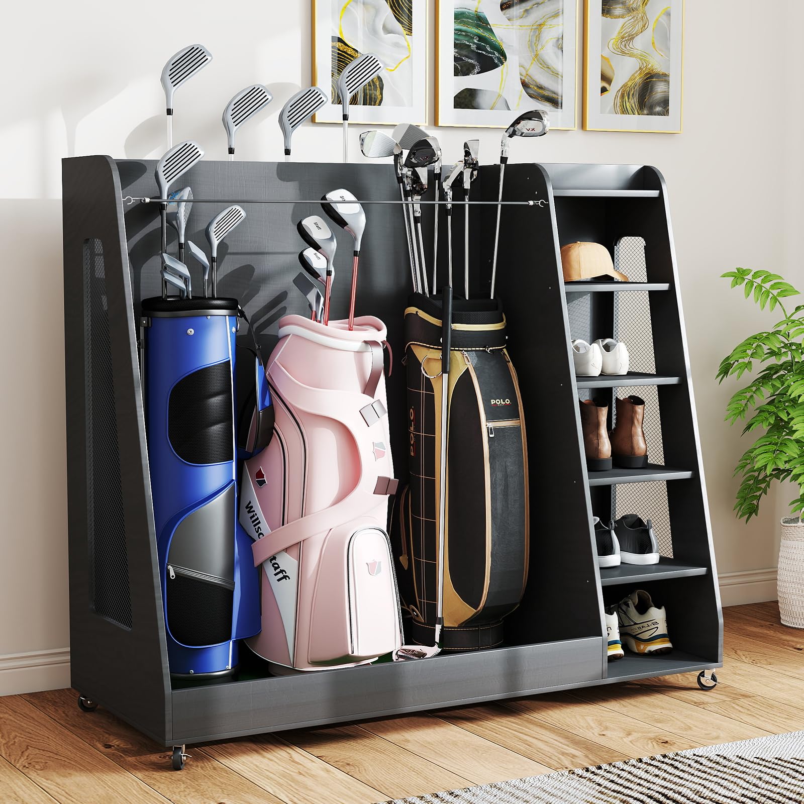 Zevemomo Wooden Golf Bag Organizer with Wheels, Golf Storage Organizer for Garage, 3 Golf Bag Storage Rack, Holds 3 Golf Bags an