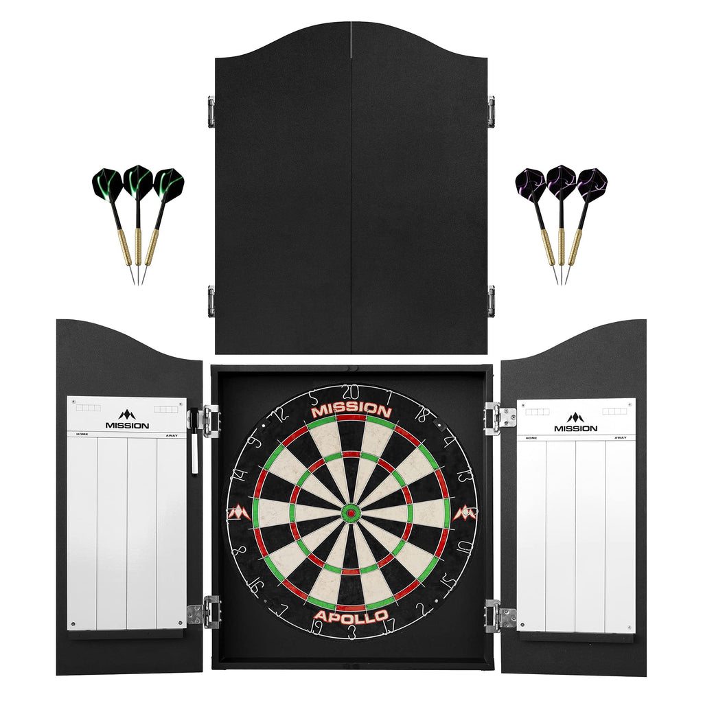 Mission Darts Home Centre | Complete Darts Package Including Apollo Dartboard With Cabinet, Easy Wipe Score Panels And 2 Sets Of