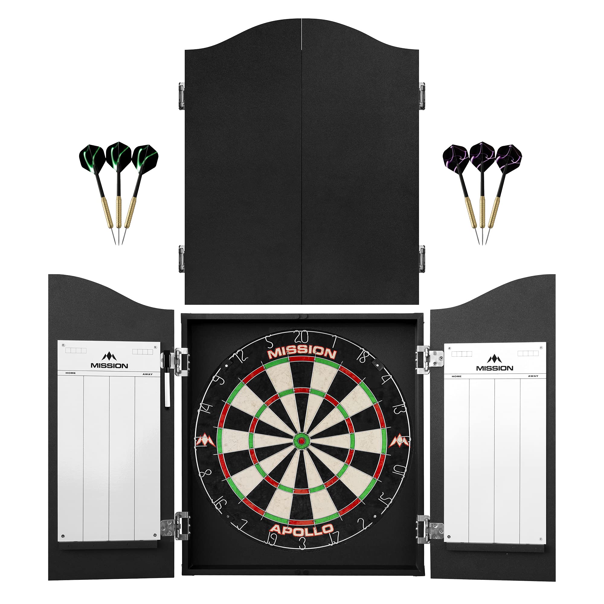 Mission Darts Home Centre | Complete Darts Package Including Apollo Dartboard With Cabinet, Easy Wipe Score Panels And 2 Sets Of