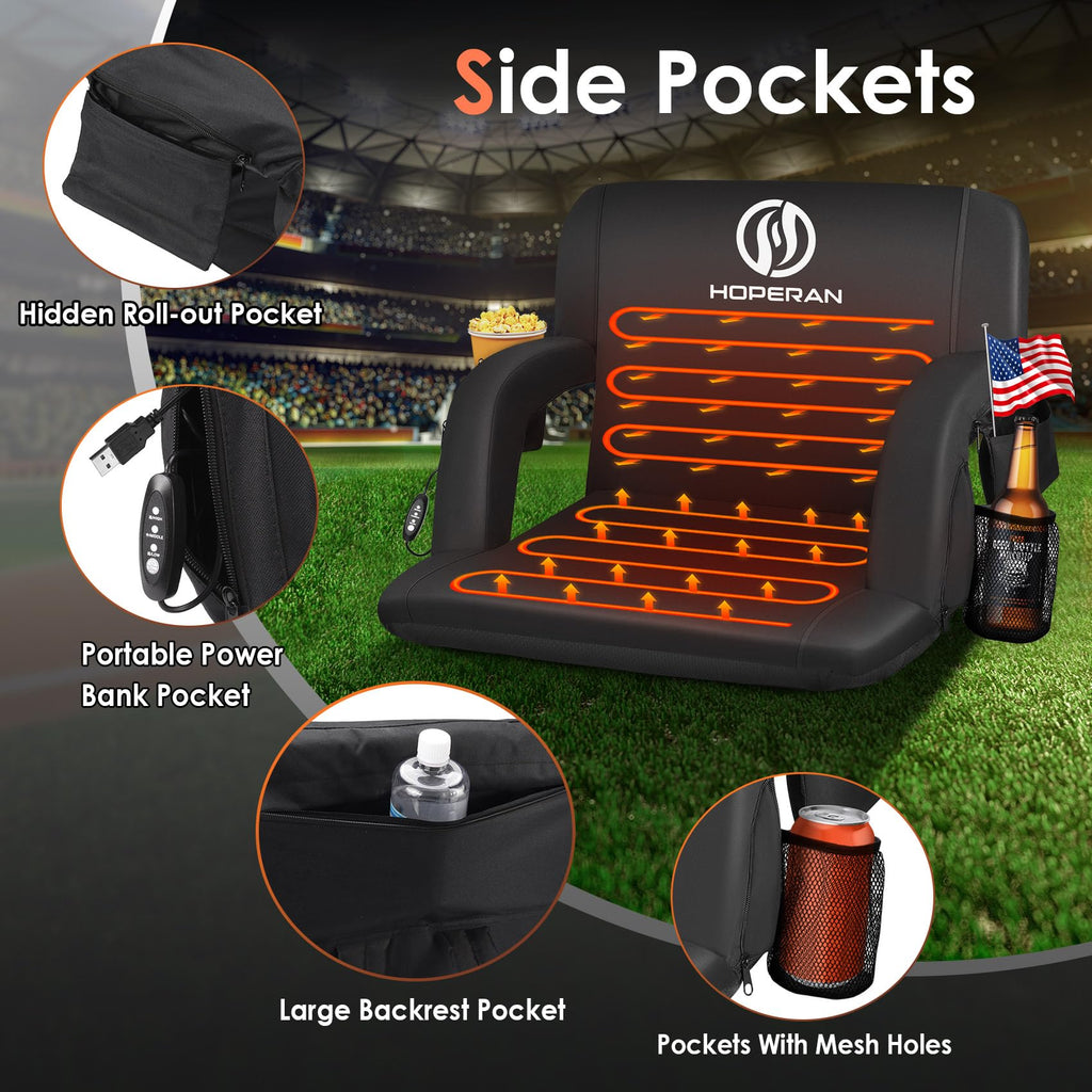 Double Heated Stadium Seats For Bleachers With Back Support And 25'' Wide Cushion, Extra Portable Bleacher Seat Foldable Stadium