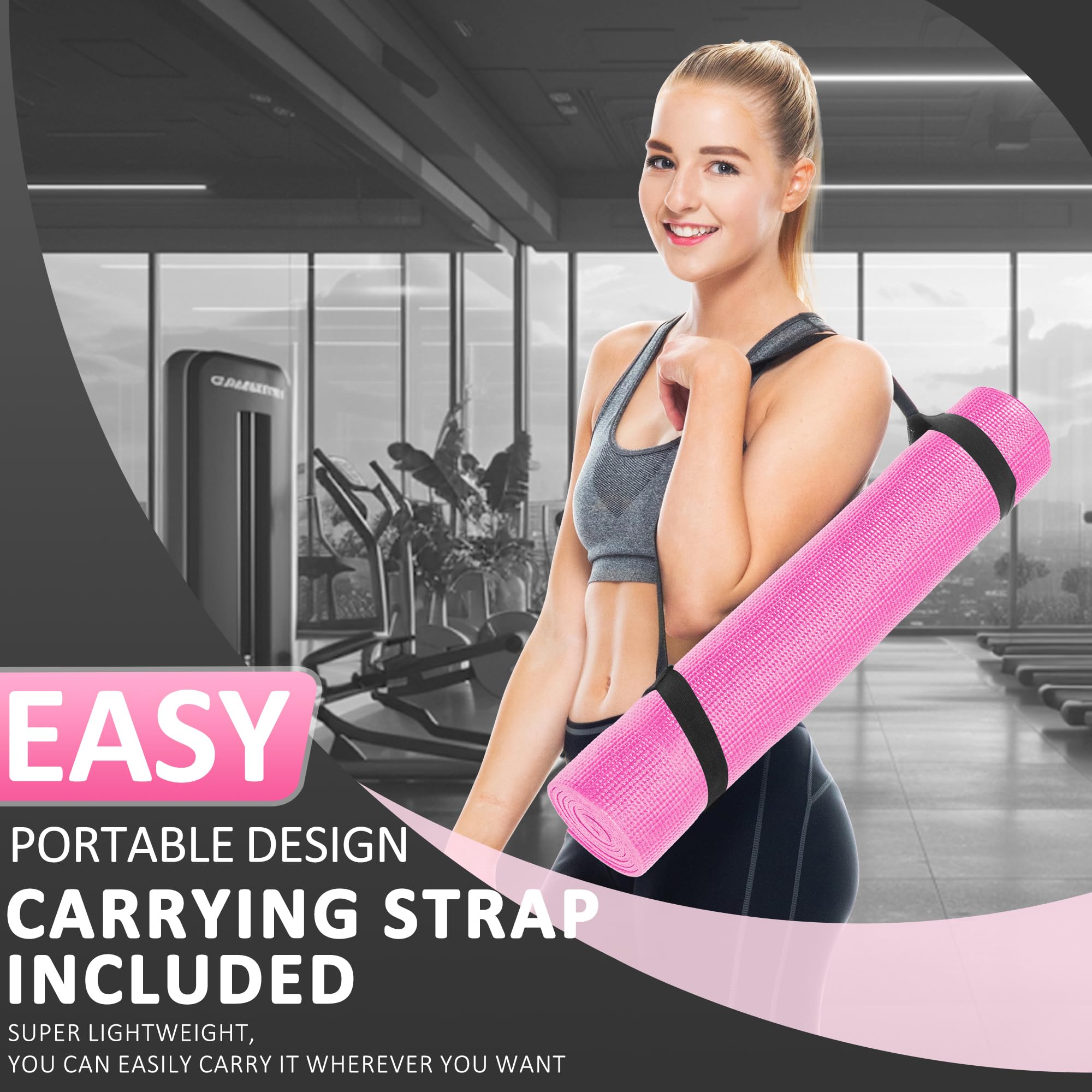 Fitvids All Purpose 0.25 Inch Thick High Density No Tear Exercise Yoga Mat With Strap & Lightweight Features For Indoor & Outdoo