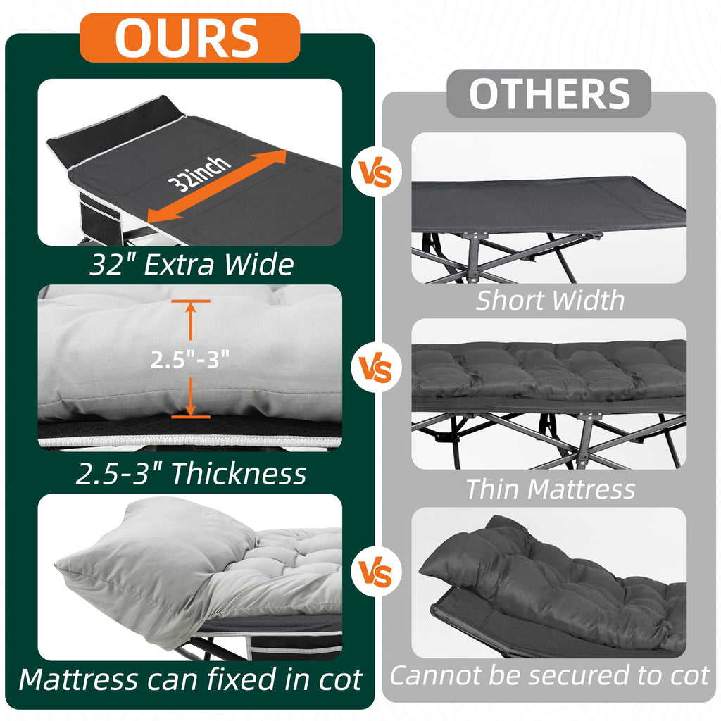 Fragess Portable Camping Cot, 32 Extra Wide Camping Cots For Adults With Thick Mattress, Heavy Duty Sleeping Cot Holds Up To 600