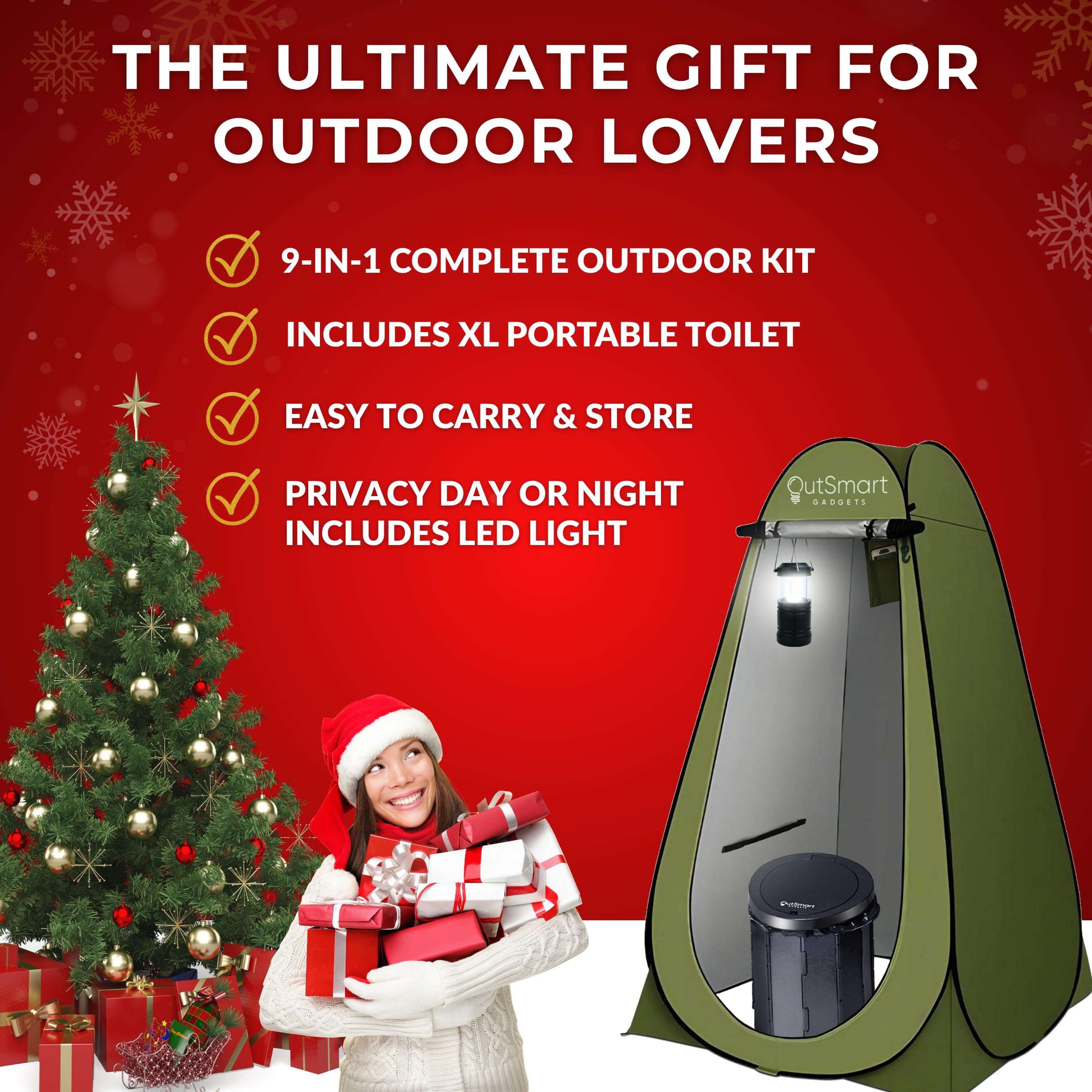 Outsmart Gadgets Portable Toilet Kit For Adults With Camping Night Lantern, Folding Xl Toilet Seat, Pop Up Privacy Tent And Carr
