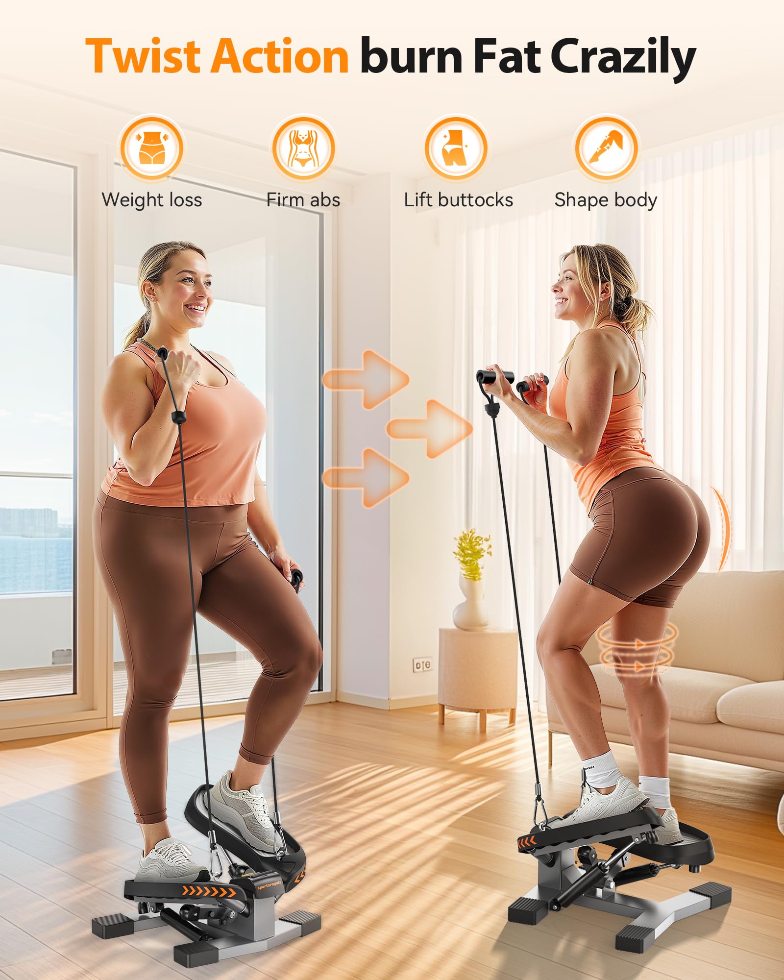 Sportsroyals Stair Stepper For Exercises-Twist Stepper With Resistance Bands And 330Lbs Weight Capacity