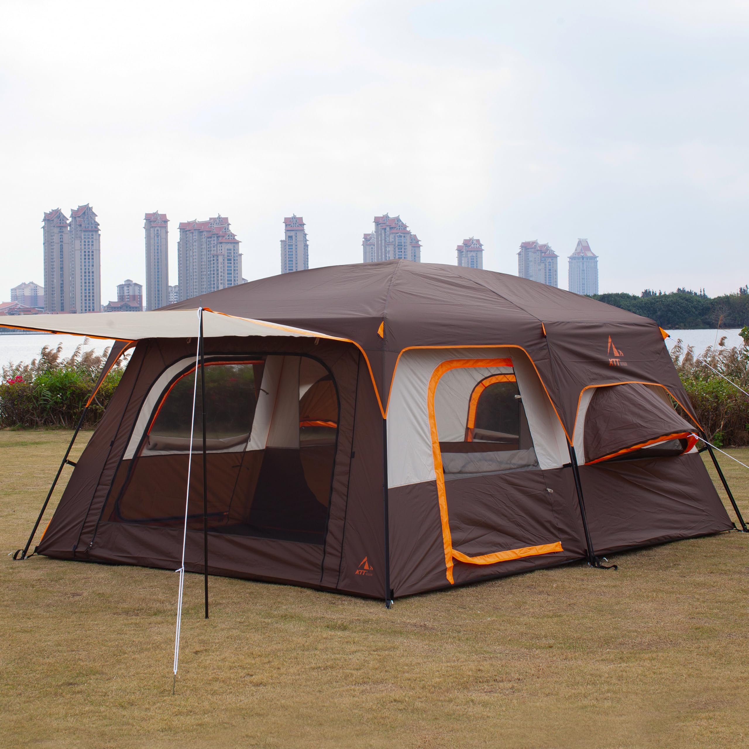Ktt Large Family Cabin Tent 10-12 Person,2 Rooms,3 Storage Pockets,2 Bay-Windows 3 Doors And 3 Windows With Mesh,Straight Wall,W
