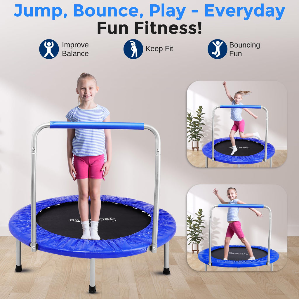 SereneLife 36 Mini Foldable Toddler Trampoline with Handle Bar, Rebounder Trampoline for Kids, Indoor/Garden Fitness & Play, Exe