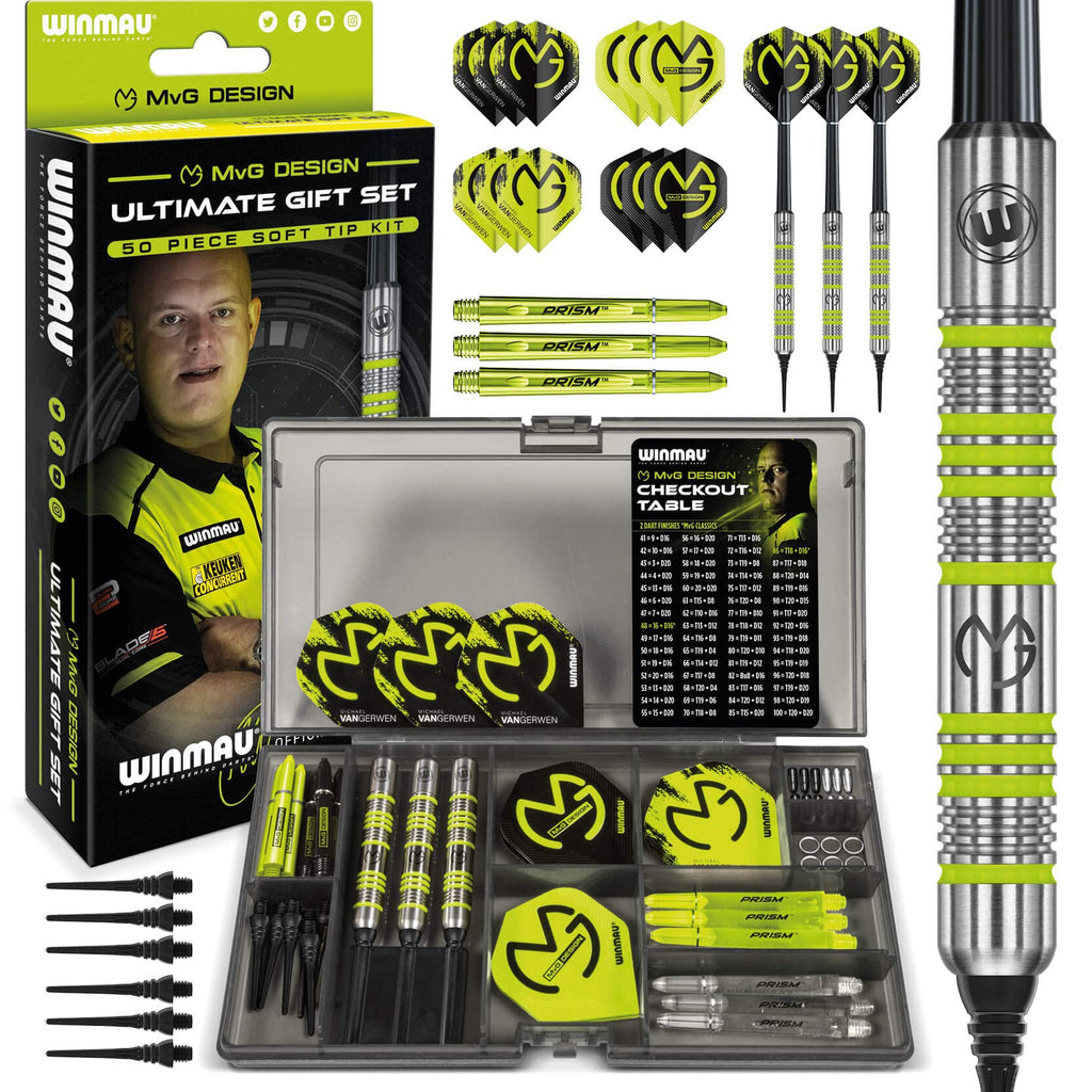 Winmau Michael Van Gerwen Mvg Softip Gift Set - 50 Piece Darts Set With 4 Sets Of Shafts, 4 Sets Of Flights Plus Accessories