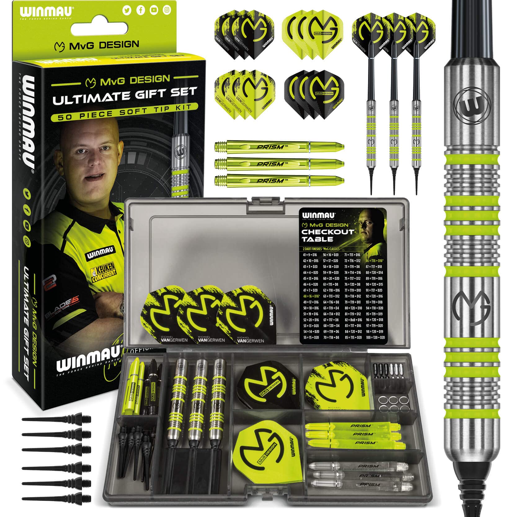 Winmau Michael Van Gerwen Mvg Softip Gift Set - 50 Piece Darts Set With 4 Sets Of Shafts, 4 Sets Of Flights Plus Accessories