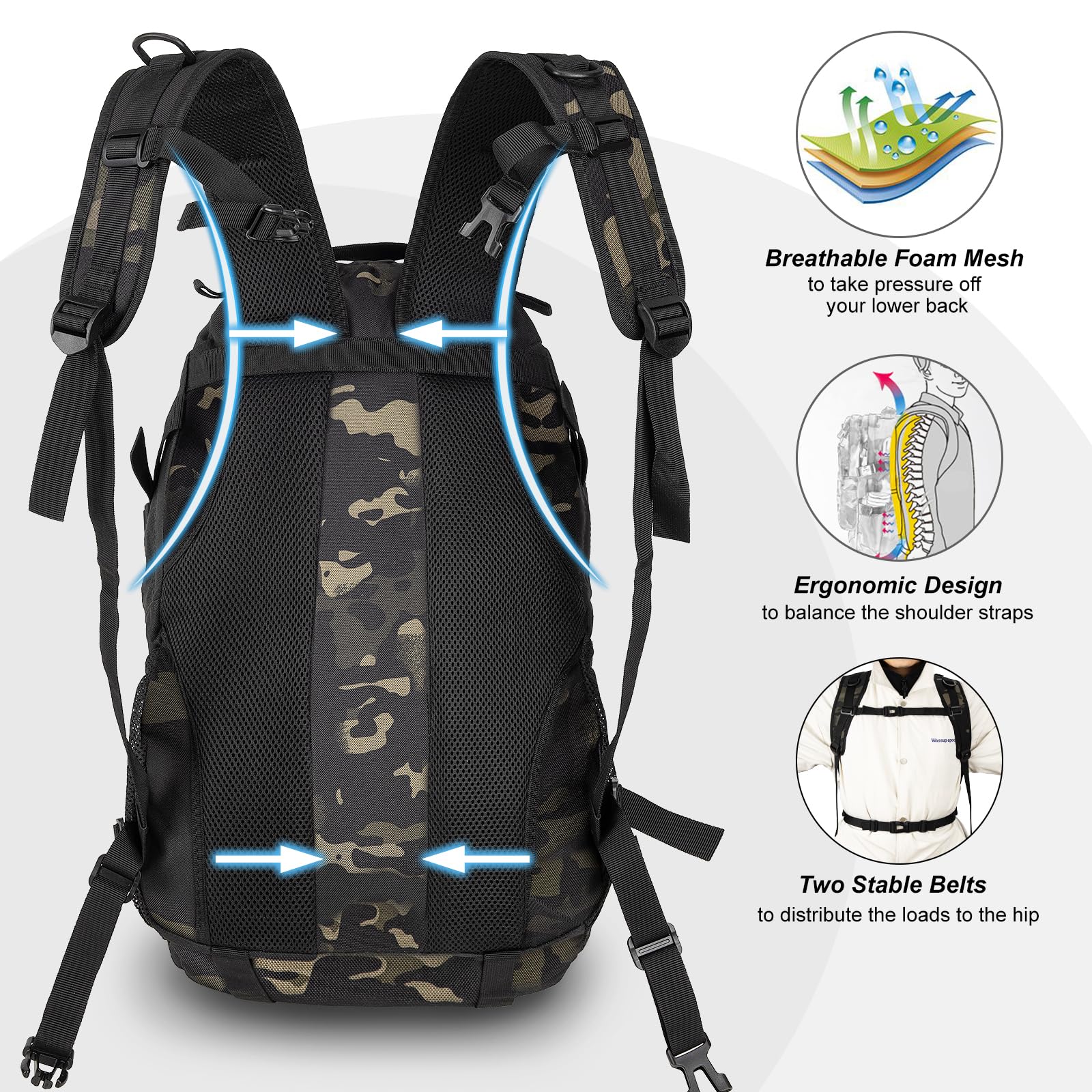 Jueachy Tactical Backpack For Men Hiking Day Pack Molle Military Rucksack Waterproof 30L Edc Bag With Usa Flag Patch Black Cp St