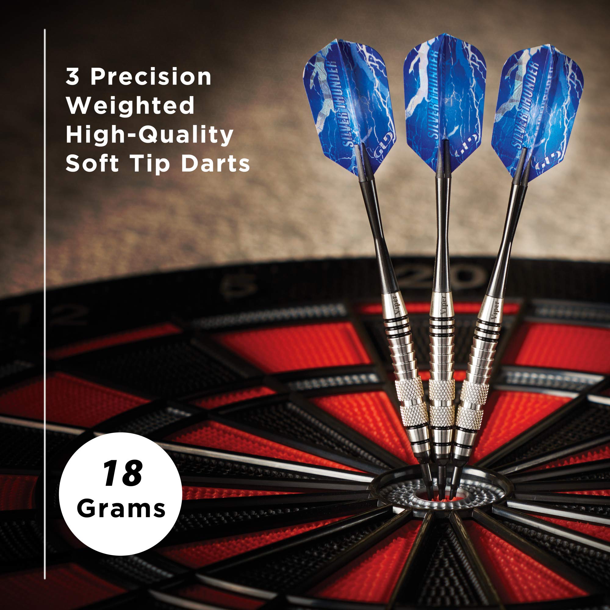 Viper Silver Thunder Soft Tip Darts, 2 Knurled Bands, 18 Grams