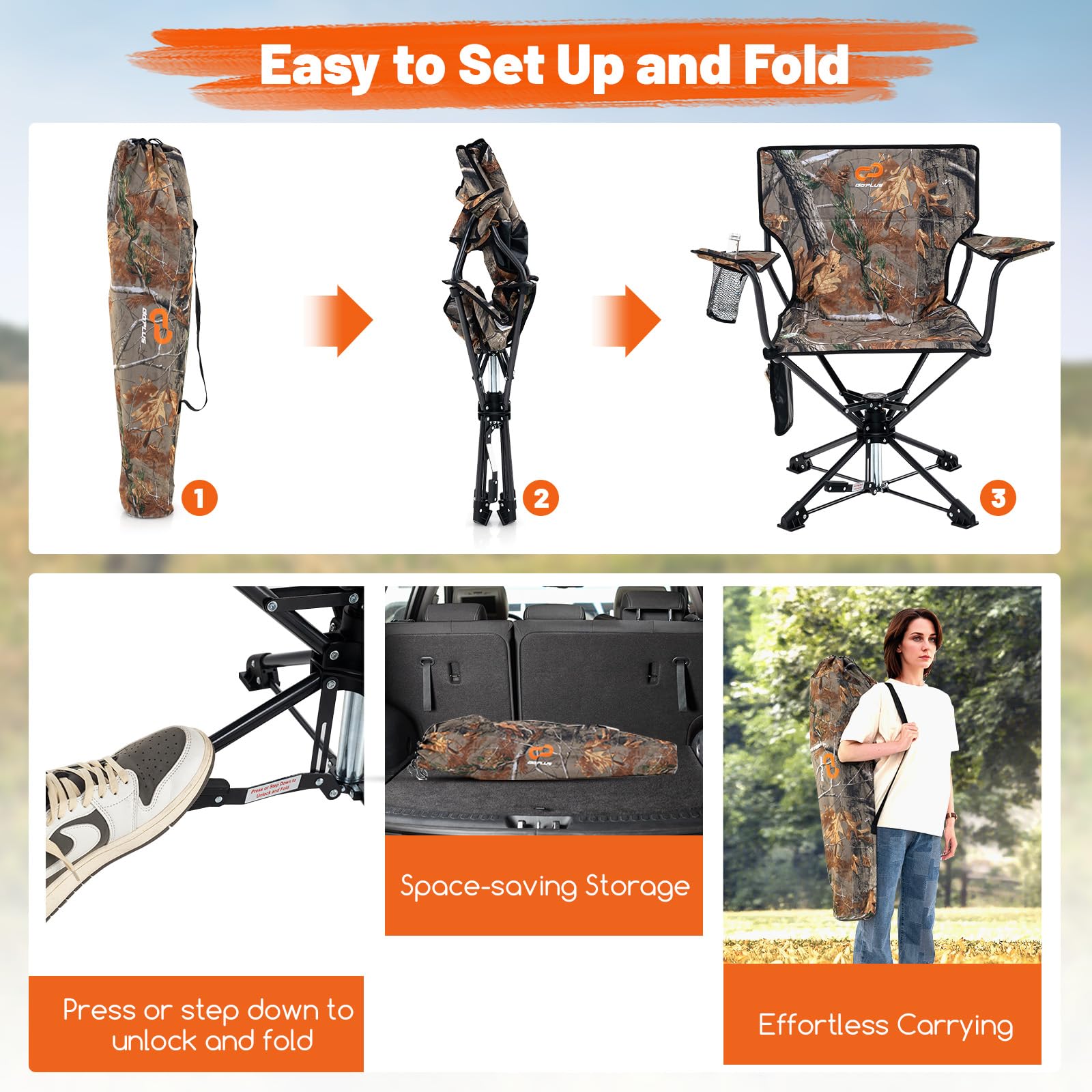 Goplus Swivel Camping Chair, Portable Hunting Chair For Adults W/Cup Holder & Carrying Bag, Folding 360-Degree Free Rotation Law