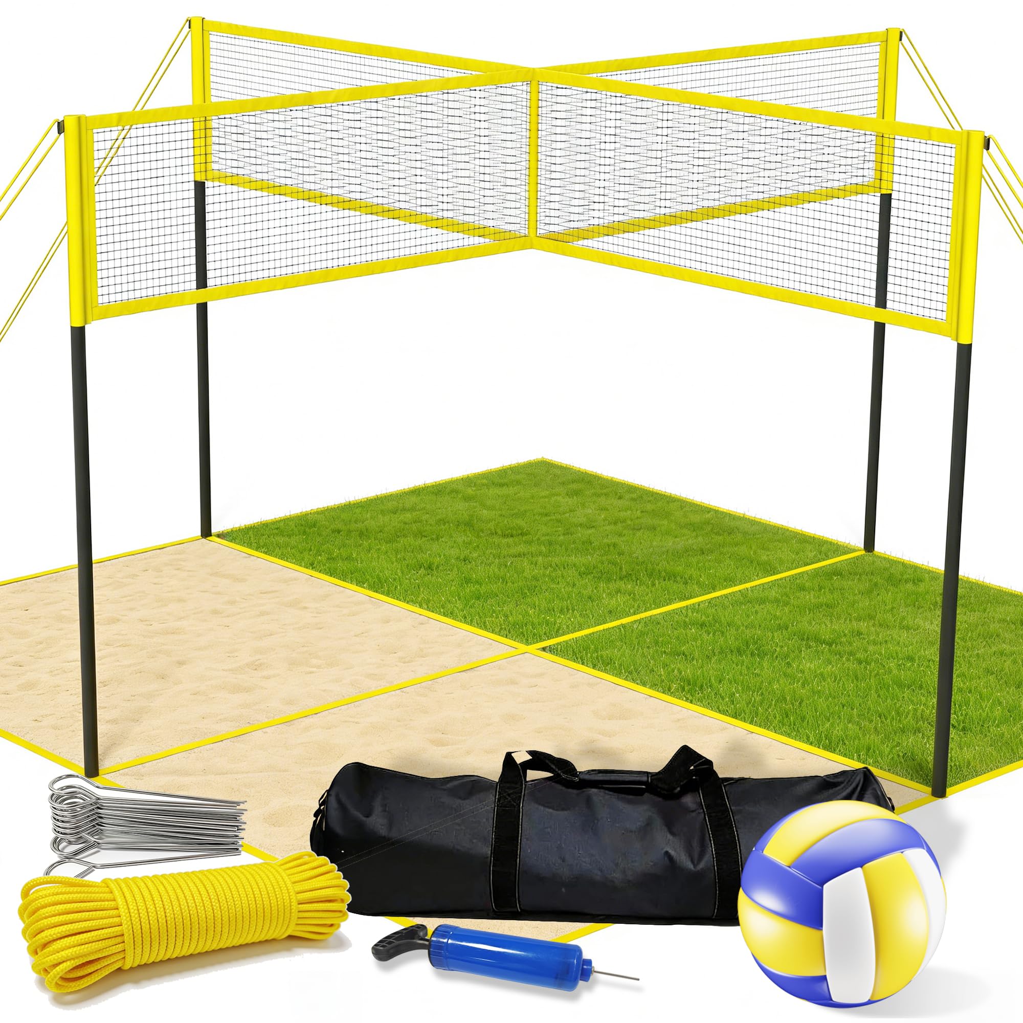 VICHTOP 4 Square Volleyball Game Set - 4 Way Cross Net for Backyard & Beach, Portable Outdoor Volleyball Badminton Combo Net, 4 