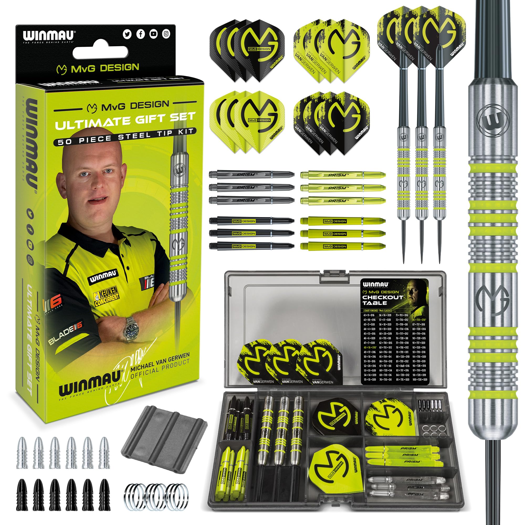 Winmau Michael Van Gerwen Mvg Steeltip Gift Set - 50 Piece Darts Set With 4 Sets Of Shafts, 4 Sets Of Flights Plus Accessories