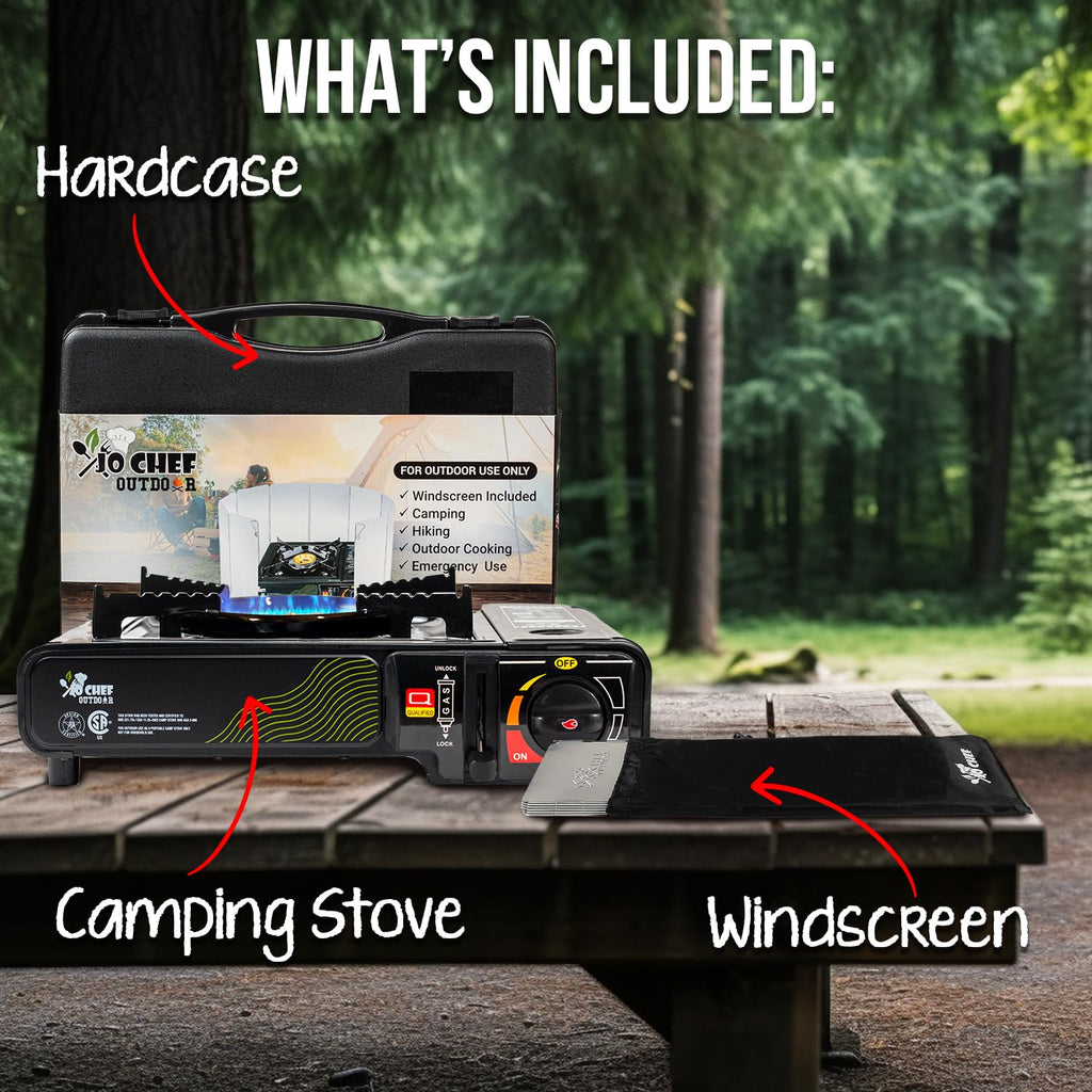Jo Chef Butane Camping Stove - 9,500 Btu Portable Gas Stove For Camping/Road Trips With Windshield, Csa Certified, Brass Burner,