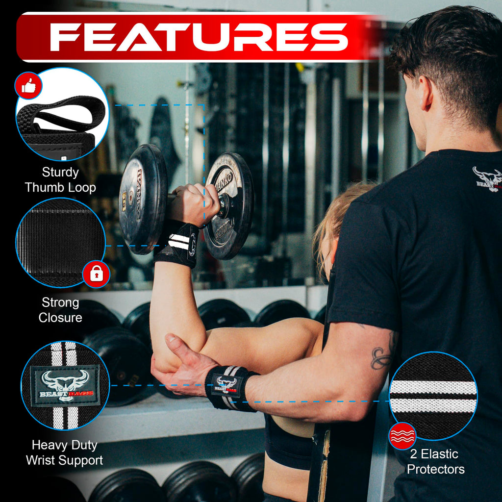 Beast Rage Wrist Wraps Weight Lifting Training Muscle Building Performance Fitness Training Gym Straps Thumb Loop Support Stretc
