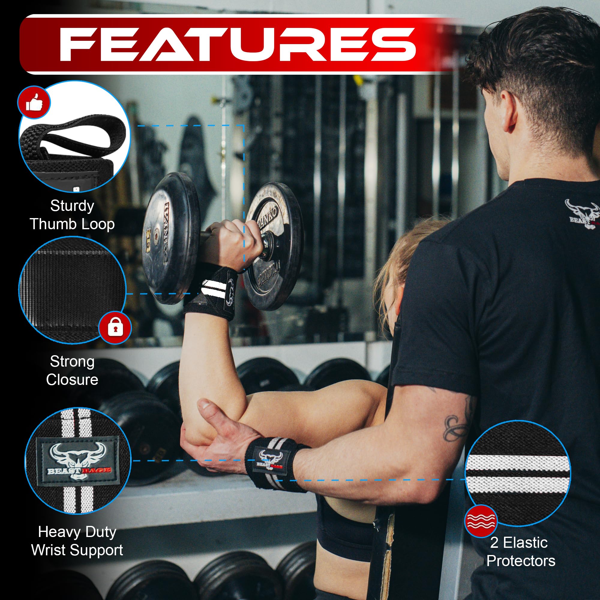 Beast Rage Wrist Wraps Weight Lifting Training Muscle Building Performance Fitness Training Gym Straps Thumb Loop Support Stretc