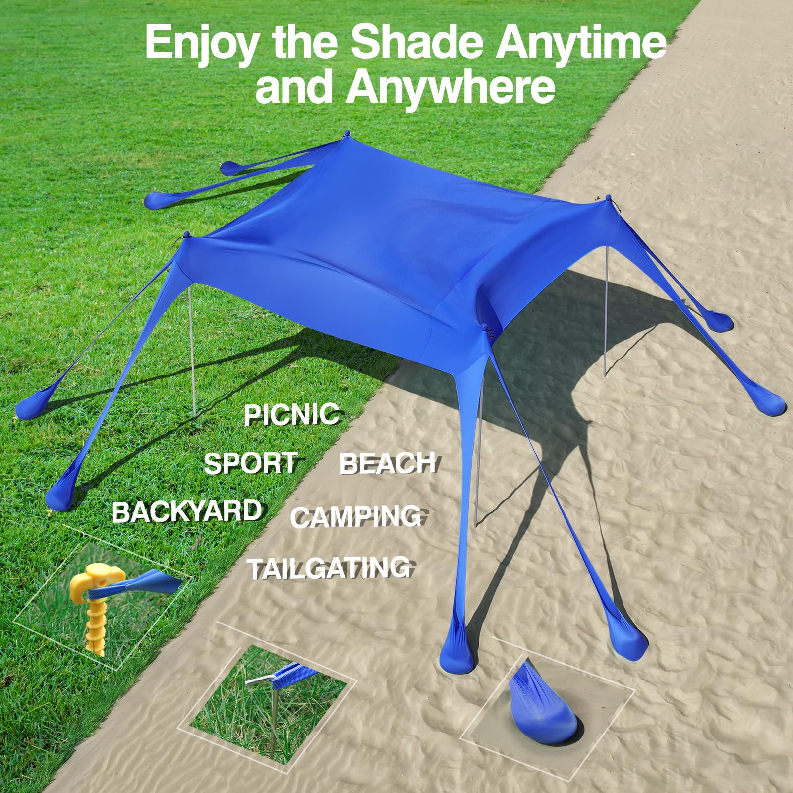 Rhino Valley Beach Tent, 10 X 10 Ft Beach Shade Upf50+ Protection, Beachcanopy With 8 Sandbags 4 Stability Poles, Outdoor Beach