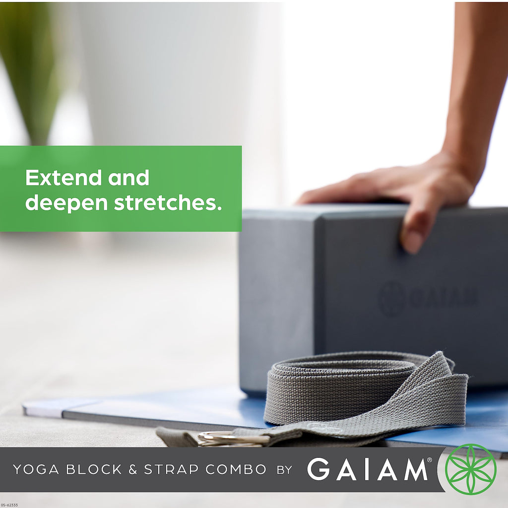 Gaiam Yoga Block & Yoga Strap Combo Set - Yoga Block With Strap, Pilates & Yoga Props To Help Extend & Deepen Stretches, Yoga Ki