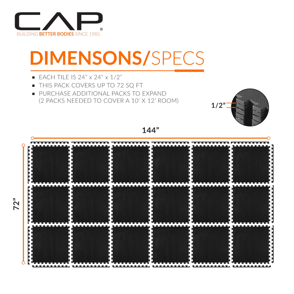 Cap Barbell 1/2-Inch Interlocking Eva Foam Exercise Puzzle Mats - 3 Pack | 24'' X 24'' X 1/2'' | T Pattern - Black