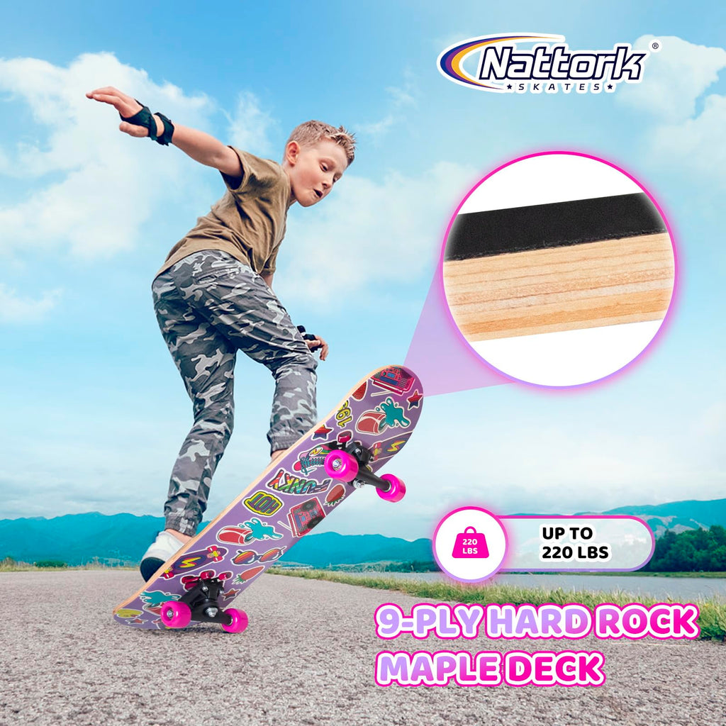 Nattork Skateboards 31 Inch Cute Complete Skateboard Wood 9 Layer Canadian Maple Trick Skate Boards for Boys Girls Youth Teens B