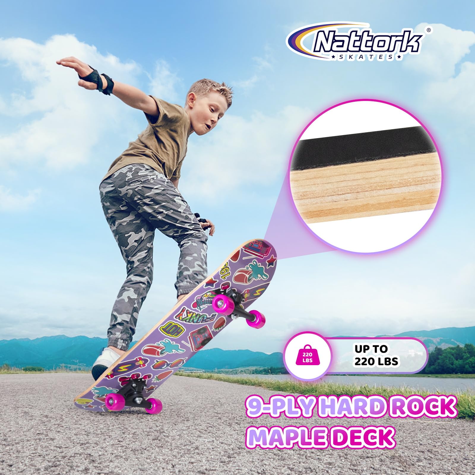 Nattork Skateboards 31 Inch Cute Complete Skateboard Wood 9 Layer Canadian Maple Trick Skate Boards for Boys Girls Youth Teens B