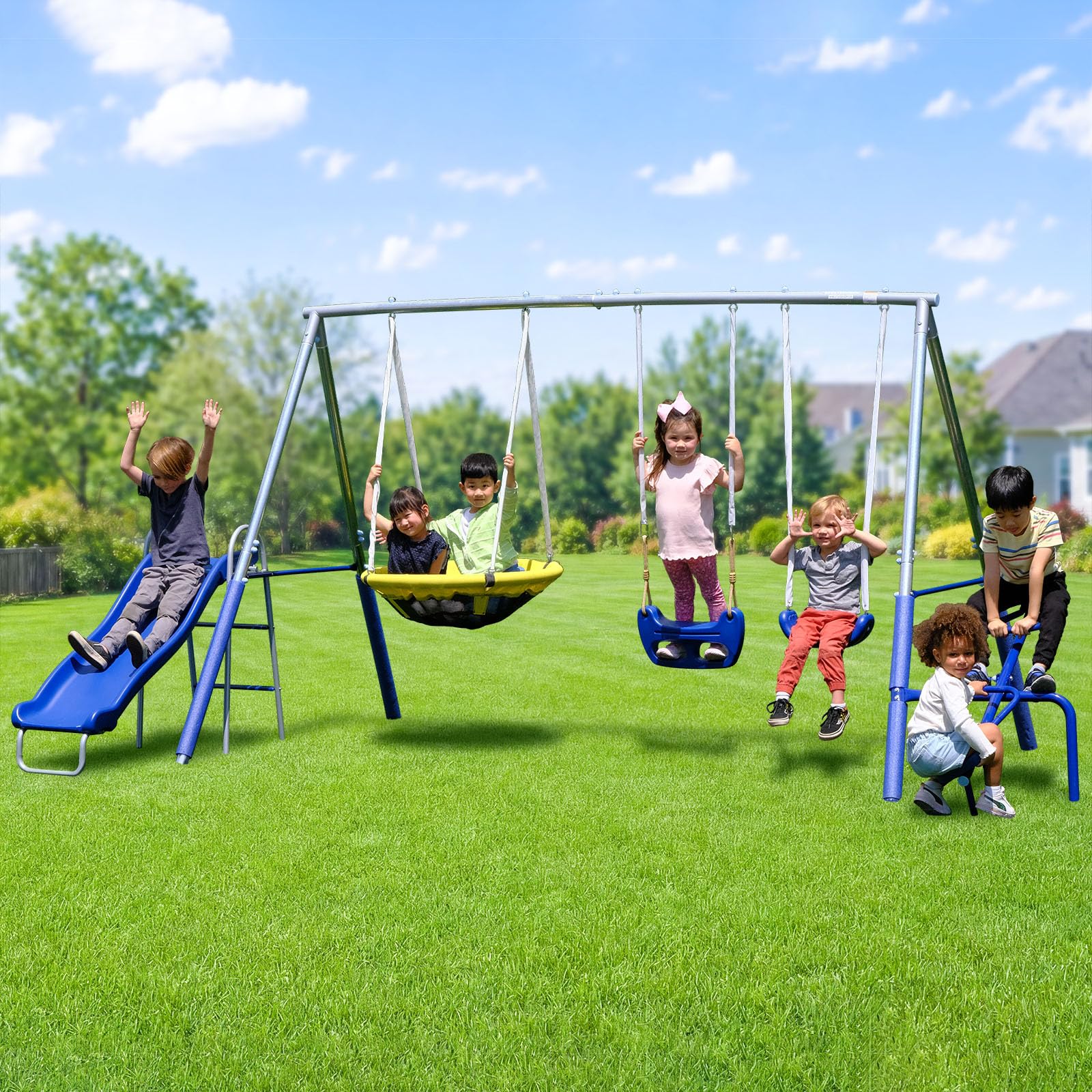 Sportspower Taylor 700lbs Galvanized Metal Swing Set for Kids for Backyard & Outdoors with Teeter-Totter, Saucer & Standing Swin