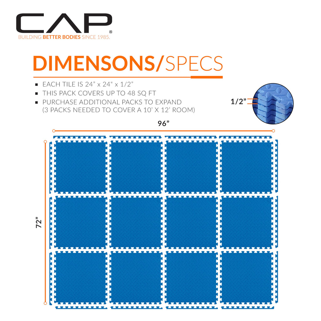 Cap Barbell 1/2-Inch Interlocking Eva Foam Exercise Puzzle Mats - 2 Pack | 24'' X 24'' X 1/2'' | Diamond Pattern - Blue