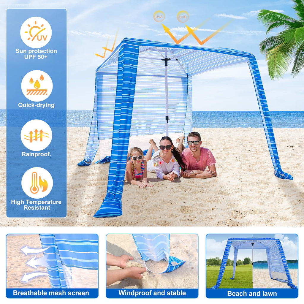 Beach Cabana - Cool 6.2X6.2 Upf 50+ Sun Shade, Easy Setup & Portable, Waterproof Canopy With Sand Pockets, Side Wall & Beach Umb