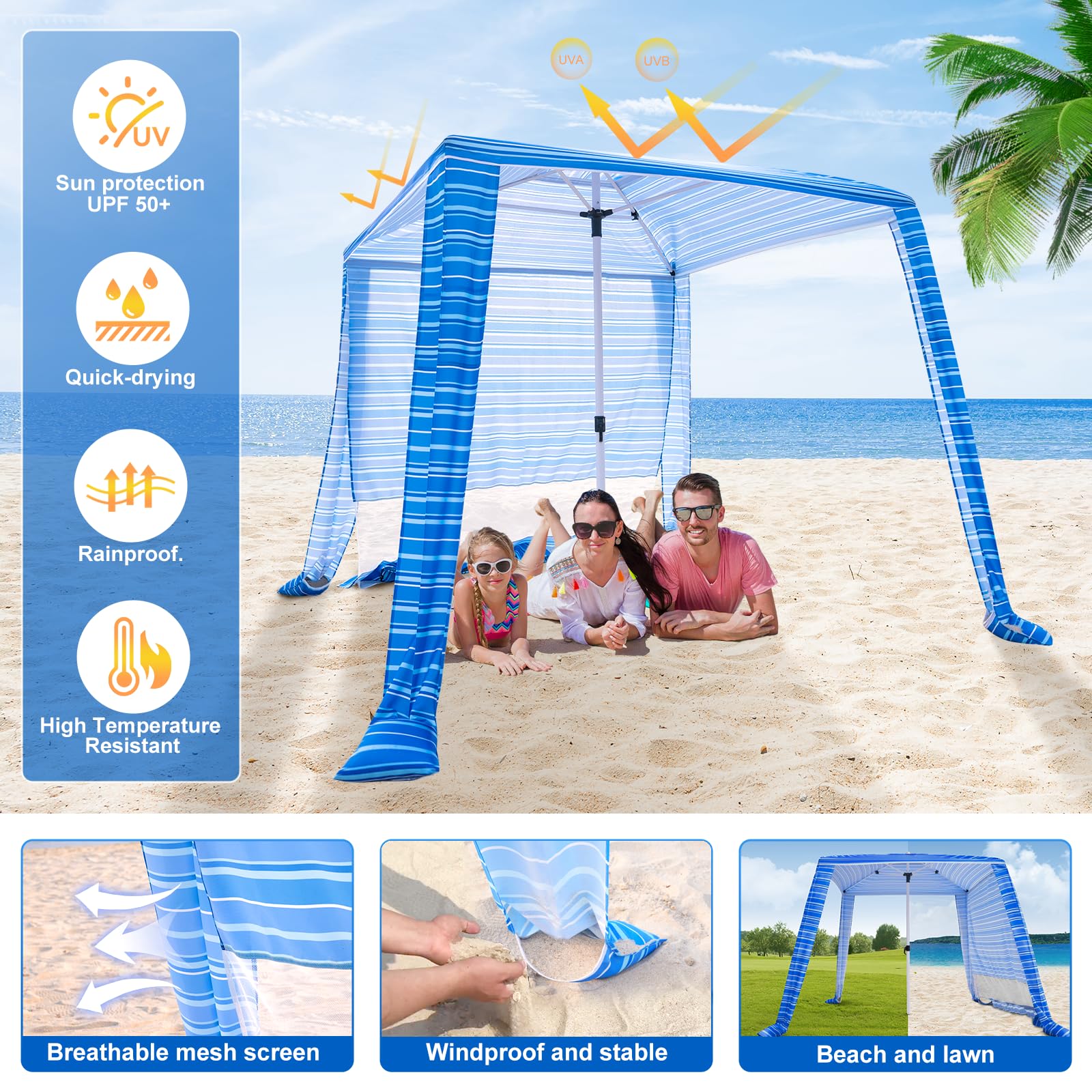 Beach Cabana - Cool 6.2X6.2 Upf 50+ Sun Shade, Easy Setup & Portable, Waterproof Canopy With Sand Pockets, Side Wall & Beach Umb