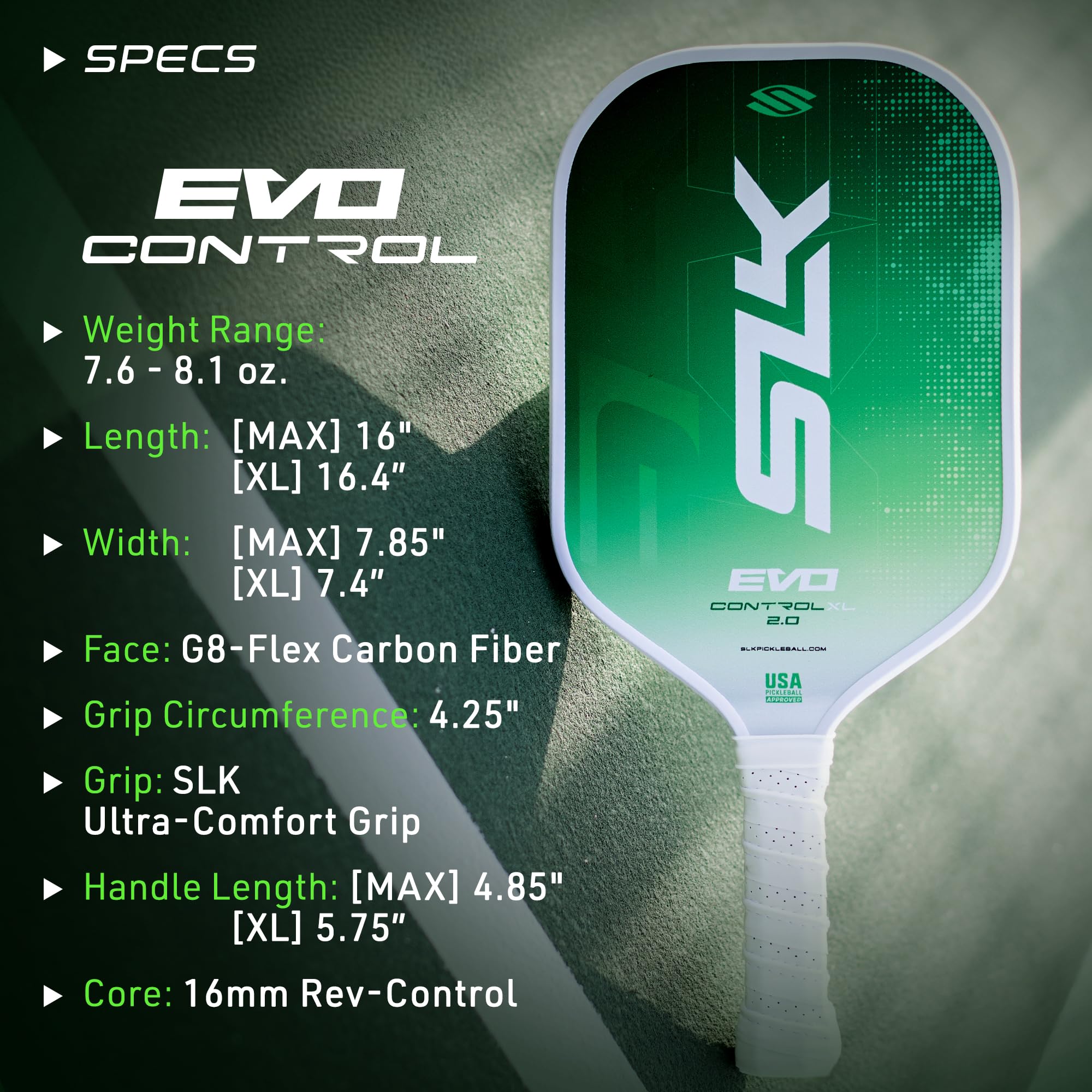 Selkirk Sport Slk Evo Control Xl Pickleball Paddle | G8 Power Carbon Fiber Pickleball Paddle Face With Spinflex Surface And Rev-