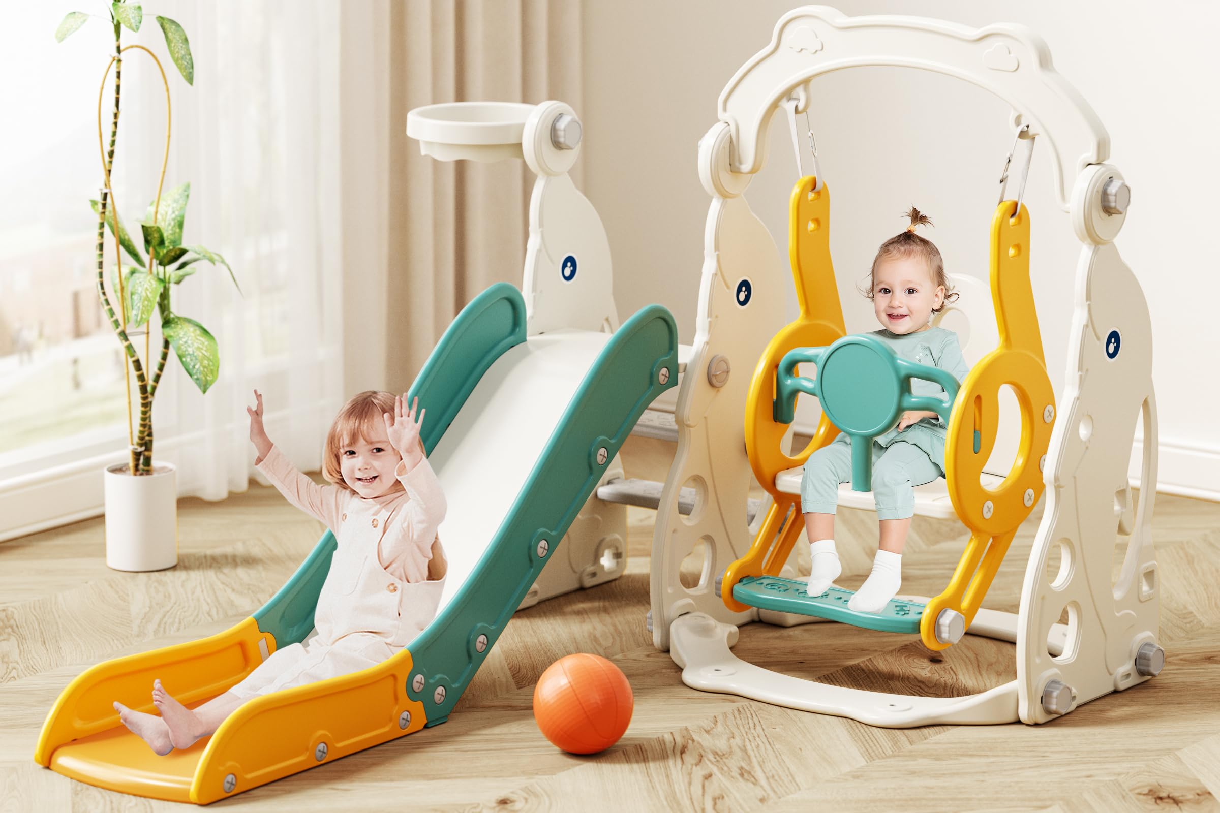 67i Toddler Slide and Swing Set - Outdoor Multi-Activity Playset for Ages 1-3, Safe Slide Design with Adjustable Swings & Basket
